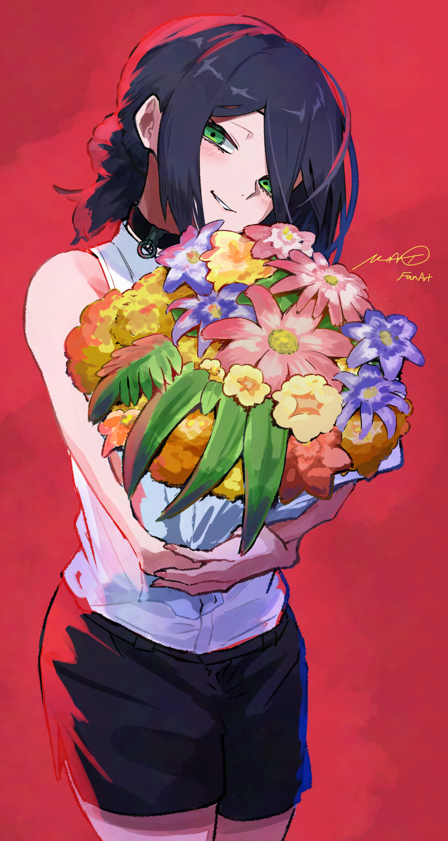 maato tac, reze (chainsaw man), chainsaw man, commentary request, highres, 1girl, black choker, black hair, black shorts, blue flower, bouquet, choker, flower, green eyes, grenade pin, holding, holding bouquet, looking at viewer, pink flower, red background, shirt, shorts, sleeveless, sleeveless shirt, solo, white shirt, yellow flower