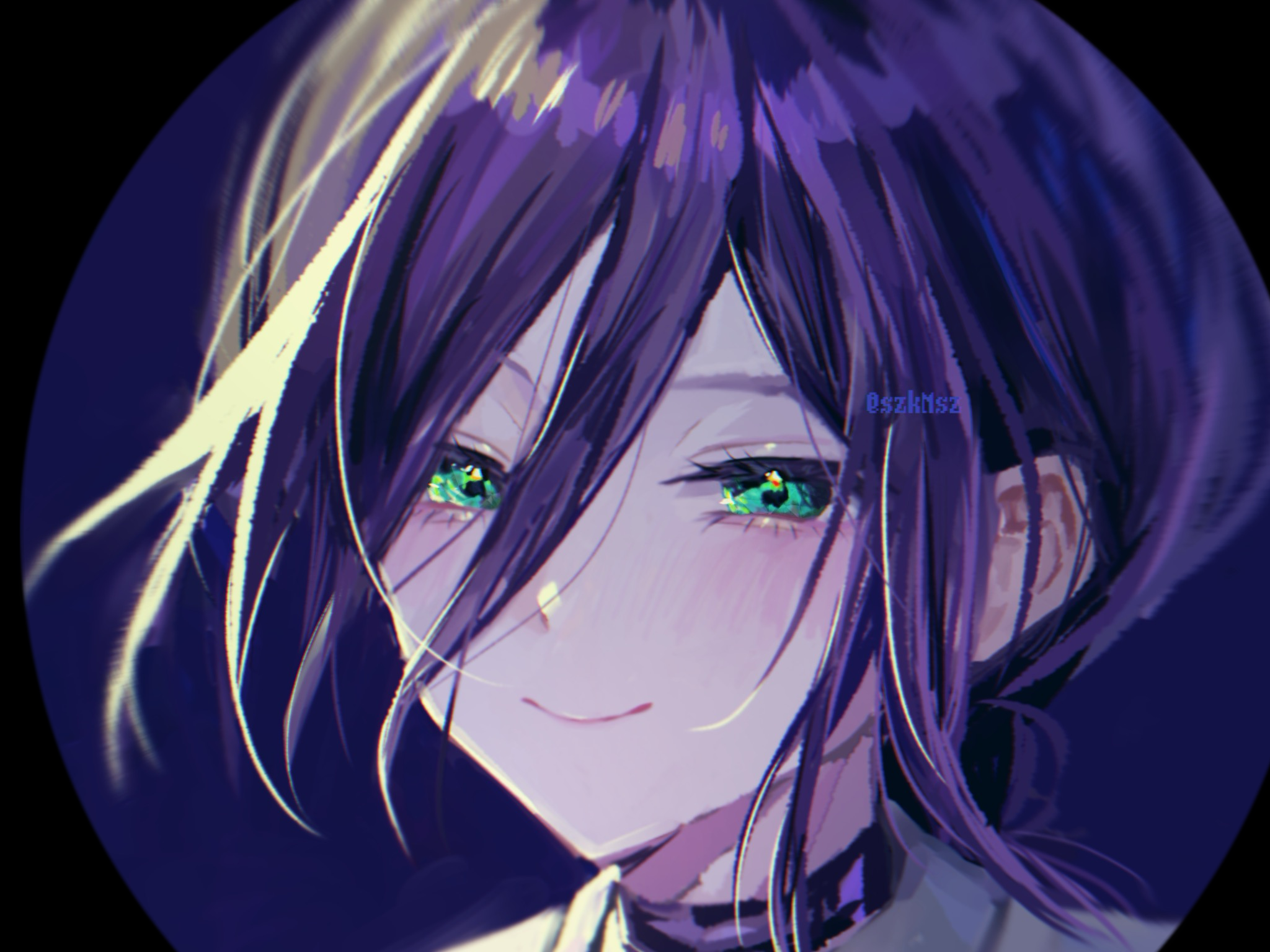 szmymsz, reze (chainsaw man), chainsaw man, highres, 1girl, artist name, choker, close-up, closed mouth, green eyes, hair between eyes, light blush, purple choker, purple hair, smile, solo