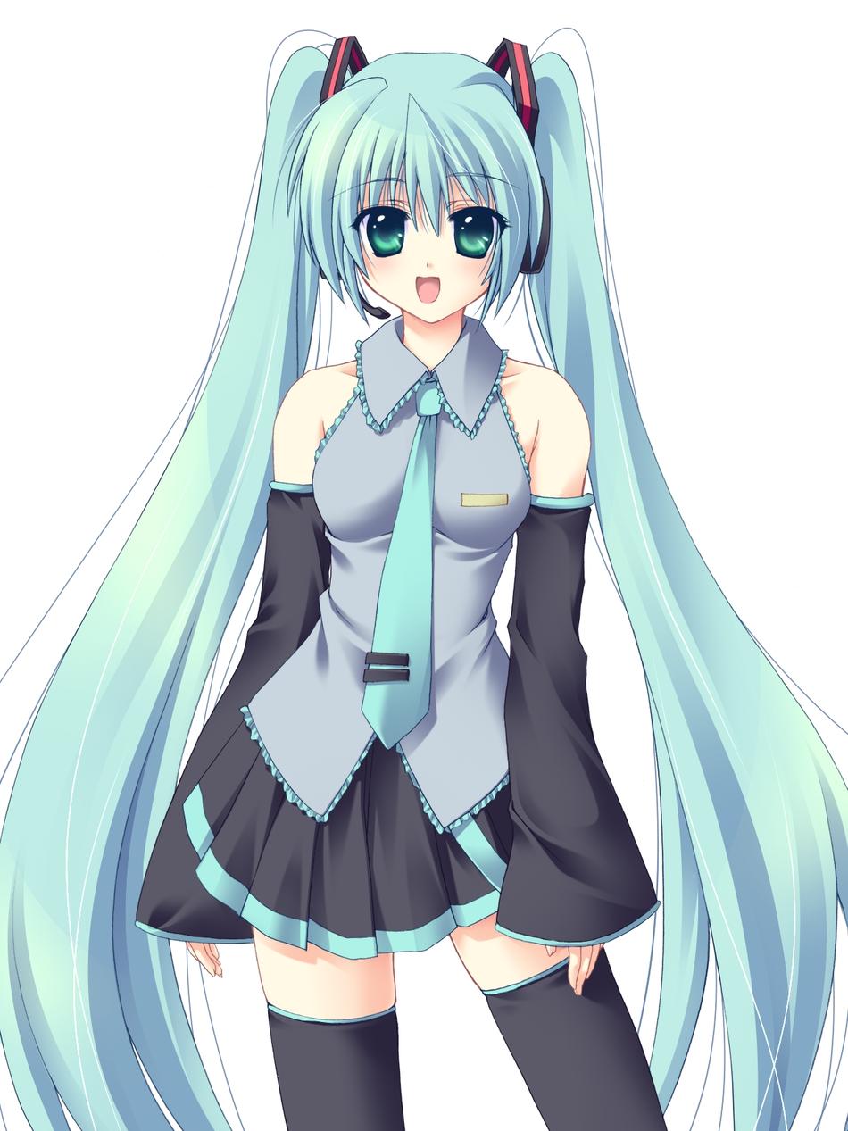 kinosaki yuki, hatsune miku, vocaloid, highres, tagme, aqua eyes, aqua hair, long hair, skirt, thighhighs, twintails