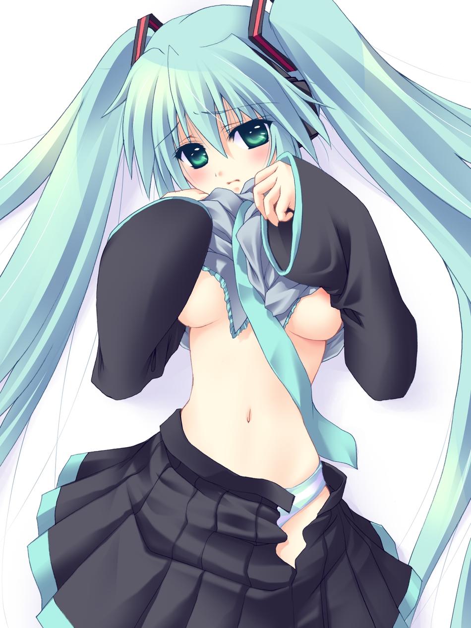 kinosaki yuki, hatsune miku, vocaloid, highres, tagme, breasts, clothes lift, open clothes, open skirt, panties, shirt lift, skirt, twintails, underboob, underwear