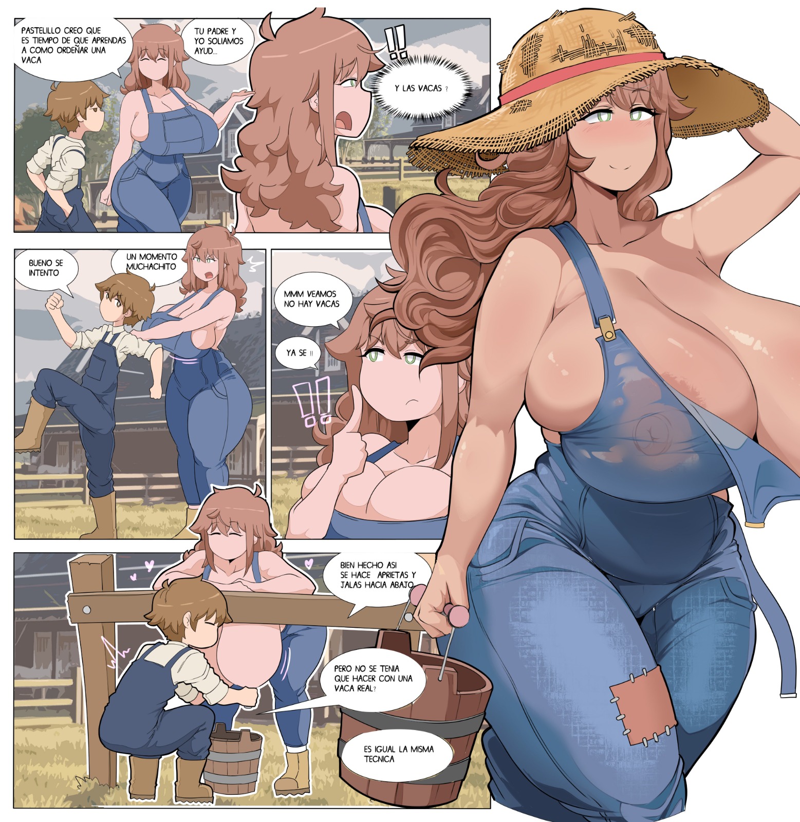 highres, non-web source, blue overalls, breasts, bucket, delicia, hat, lactation, large breasts, overalls, straw hat, wooden bucket