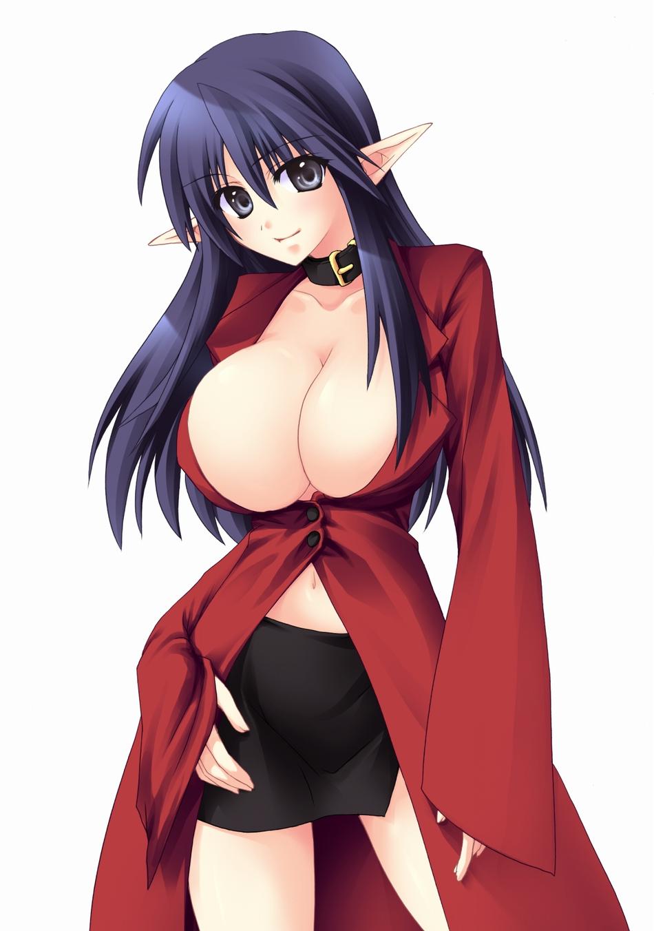 highres, breasts, cleavage, coat, collar, long hair, pointy ears, smile