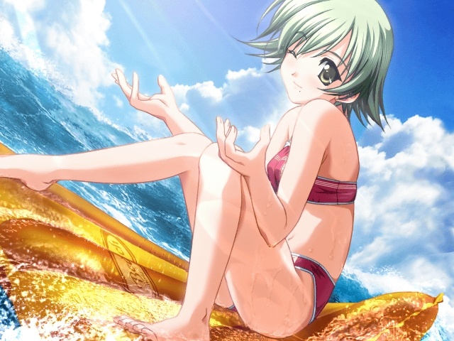 fujimiya hiroya, sasaki mutsumi, amano orie, pia carrot (series), pia carrot e youkoso!!, pia carrot e youkoso!! 3, game cg, non-web source, 1990s (style), 1girl, barefoot, bikini, cloud, day, dutch angle, feet, female focus, green eyes, green hair, inflatable raft, matching hair/eyes, mole, mole under mouth, one eye closed, retro artstyle, short hair, sitting, sky, smile, solo, splashing, swimsuit, water, wet, wink