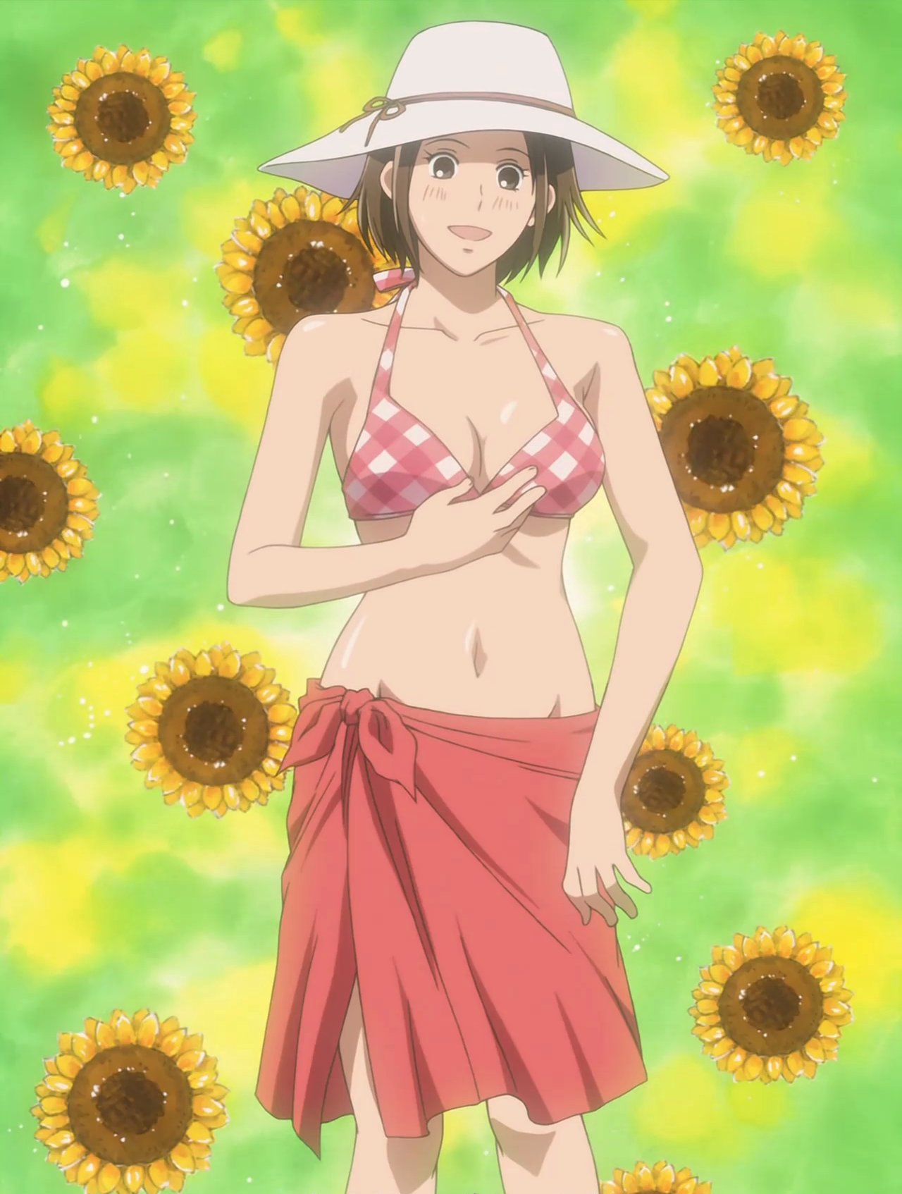 noda megumi, nodame cantabile, anime screenshot, highres, non-web source, 00s, 1girl, bikini, blush, breasts, cleavage, female focus, hat, medium breasts, solo, standing, swimsuit, white hat