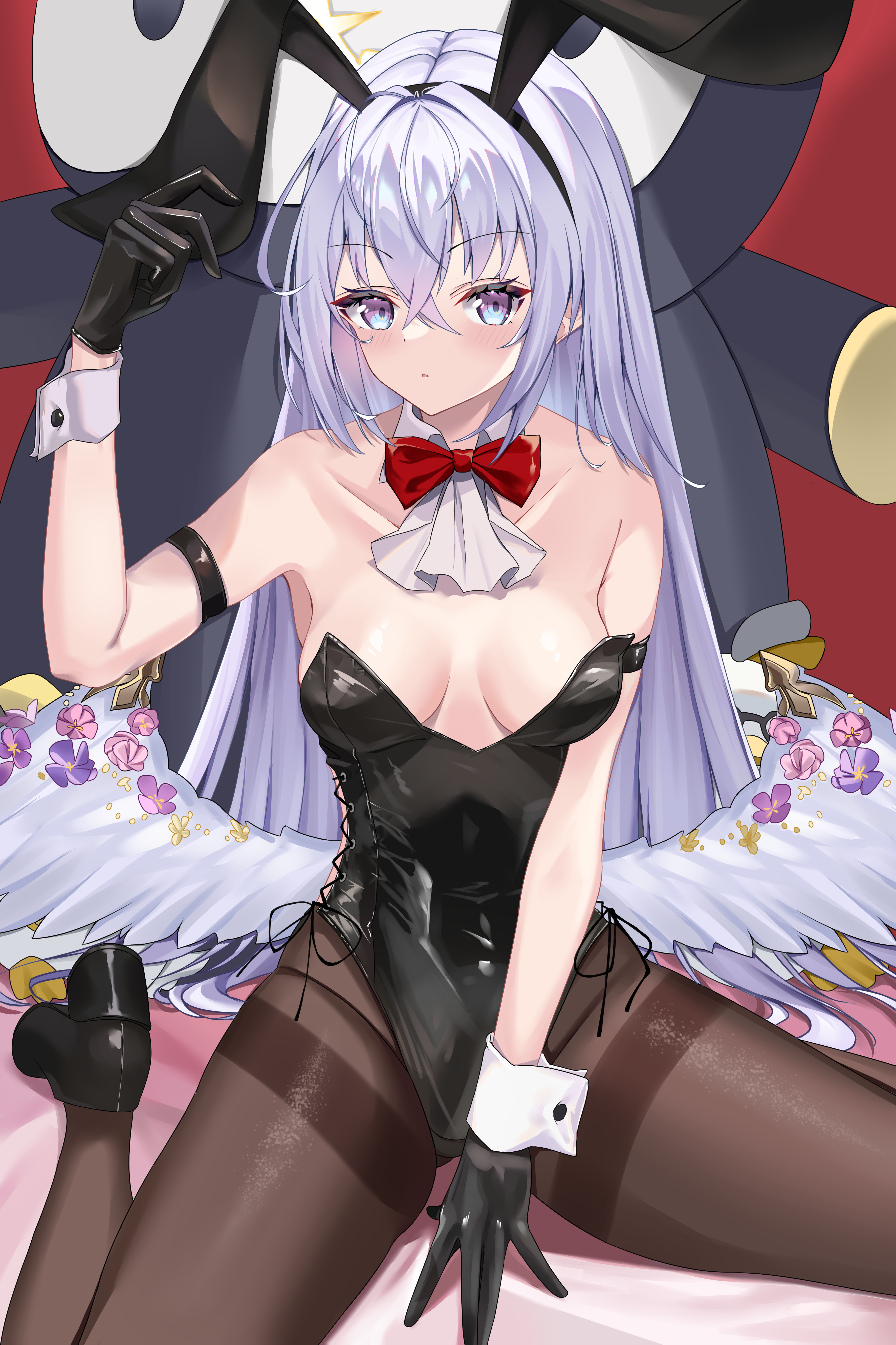 listjoy, azusa (blue archive), peroro (blue archive), blue archive, absurdres, chinese commentary, commentary, highres, 1girl, ||/, alternate costume, animal ear hairband, animal ears, arm strap, ascot, bare shoulders, between legs, black gloves, black hairband, black leotard, black shoes, blue eyes, blush, bow, bowtie, breasts, breasts apart, brown pantyhose, collarbone, crossed bangs, detached collar, eyelashes, fake animal ears, feathered wings, flower, gloves, gluteal fold, grey hair, groin, hair between eyes, hair intakes, hairband, halo, hand between legs, hand up, high heels, highleg, highleg leotard, knees out of frame, leotard, long hair, looking at viewer, low wings, medium breasts, multicolored eyes, pantyhose, parted lips, pink flower, playboy bunny, purple eyes, purple flower, rabbit ears, red background, red bow, red bowtie, shoes, simple background, sitting, skindentation, solo, straight hair, strapless, strapless leotard, stuffed animal, stuffed bird, stuffed toy, thighband pantyhose, thighs, two-tone eyes, very long hair, wariza, white ascot, white wings, white wrist cuffs, wings, wrist cuffs, yellow halo