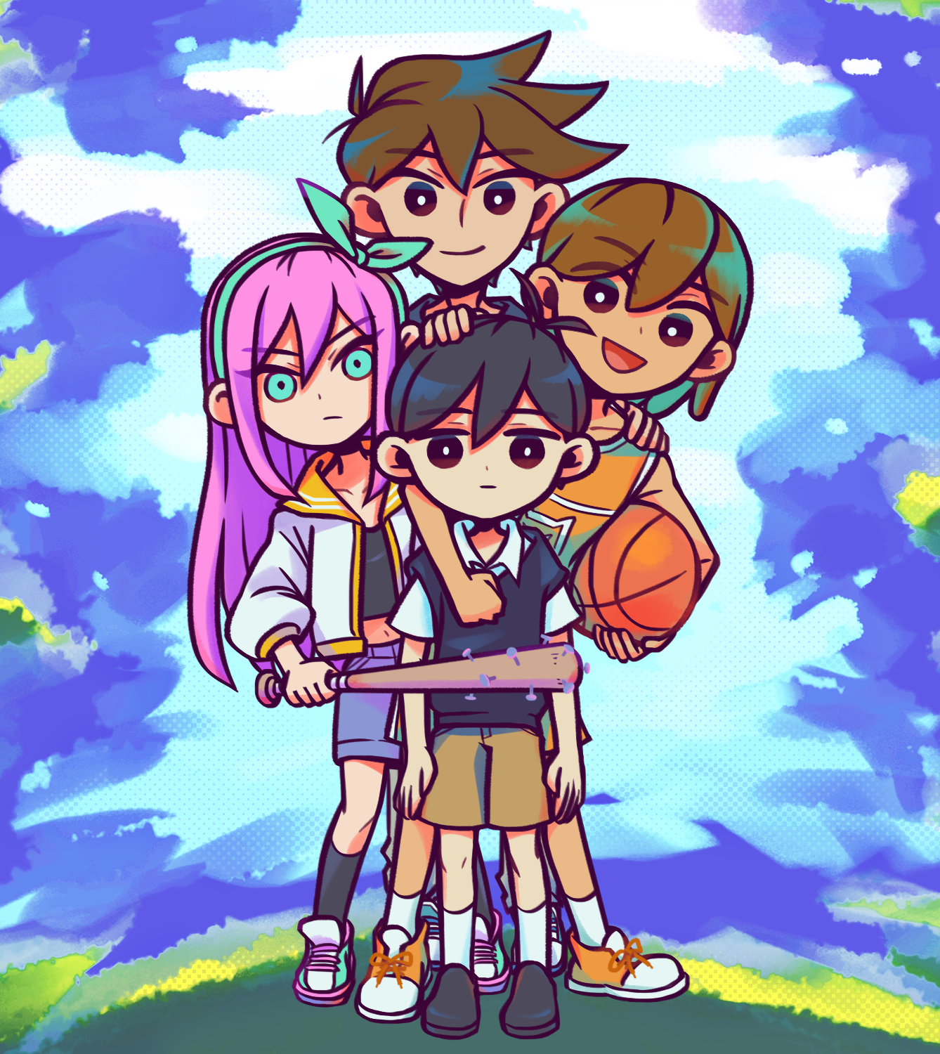 laser-lance, aubrey (faraway) (omori), aubrey (omori), hero (faraway) (omori), hero (omori), kel (faraway) (omori), kel (omori), sunny (omori), omori, highres, 1girl, 3boys, antenna hair, arm around neck, ball, baseball bat, basketball (object), black eyes, black hair, black shoes, black socks, black sweater vest, blue eyes, blue hairband, blue skirt, blue sky, bright pupils, brothers, brown shorts, closed mouth, cloud, collarbone, collared shirt, crop top, dark-skinned male, dark skin, day, denim, denim skirt, double-parted bangs, hair between eyes, hairband, hand on another's head, holding, holding ball, holding baseball bat, jacket, long hair, long sleeves, looking at viewer, multiple boys, nail (hardware), nail bat, navel, open mouth, orange shoes, orange shorts, outdoors, pink hair, shirt, shoes, short hair, short sleeves, shorts, siblings, skirt, sky, smile, sneakers, socks, sweater vest, white jacket, white pupils, white shirt, white socks