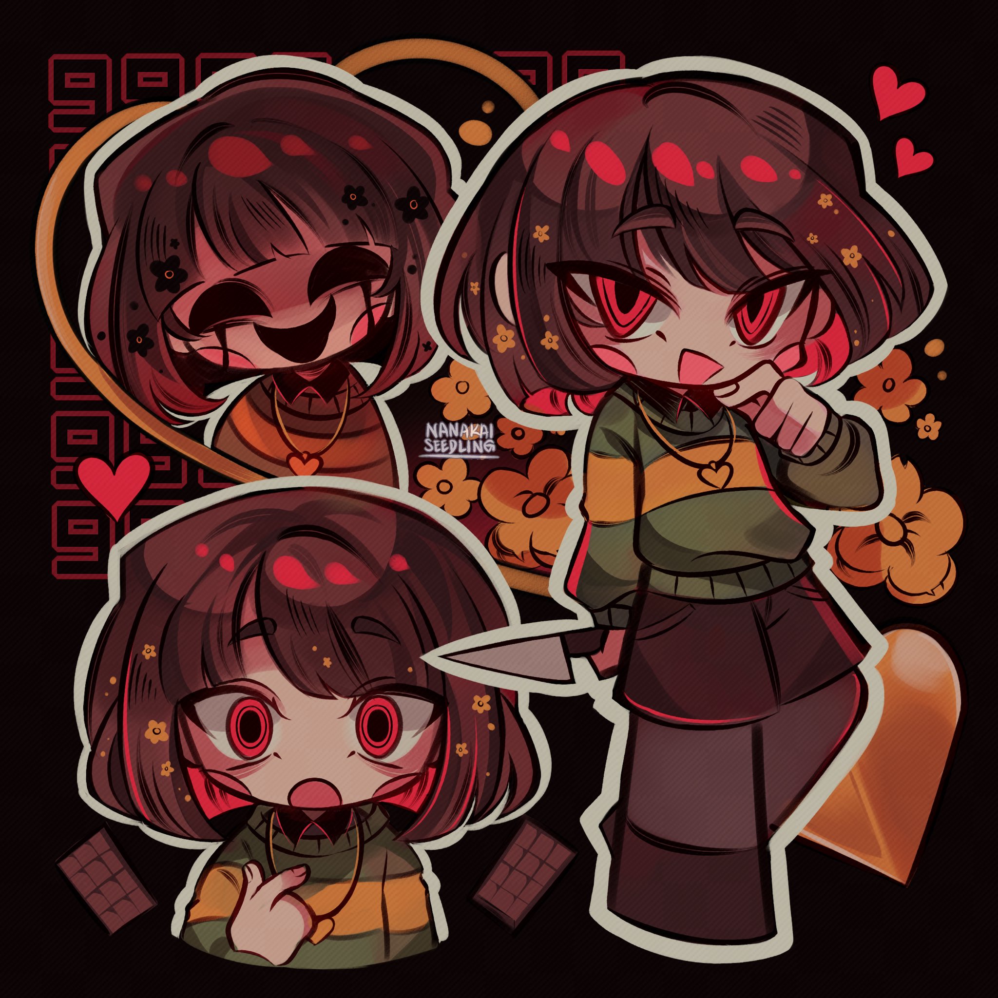 chara (undertale), undertale, utdr (toby fox), commentary, english commentary, highres, 1other, black pantyhose, black shirt, black shorts, brown hair, candy, chocolate, chocolate bar, collared shirt, colored inner hair, deformed, flower, food, green sweater, heart, heart necklace, holding, holding knife, hollow eyes, jewelry, knife, multicolored hair, nanakaiseedling, necklace, open mouth, other focus, pantyhose, pantyhose under shorts, pointing, pointing at self, red eyes, red hair, shirt, short hair, shorts, signature, smile, sweater, yellow flower