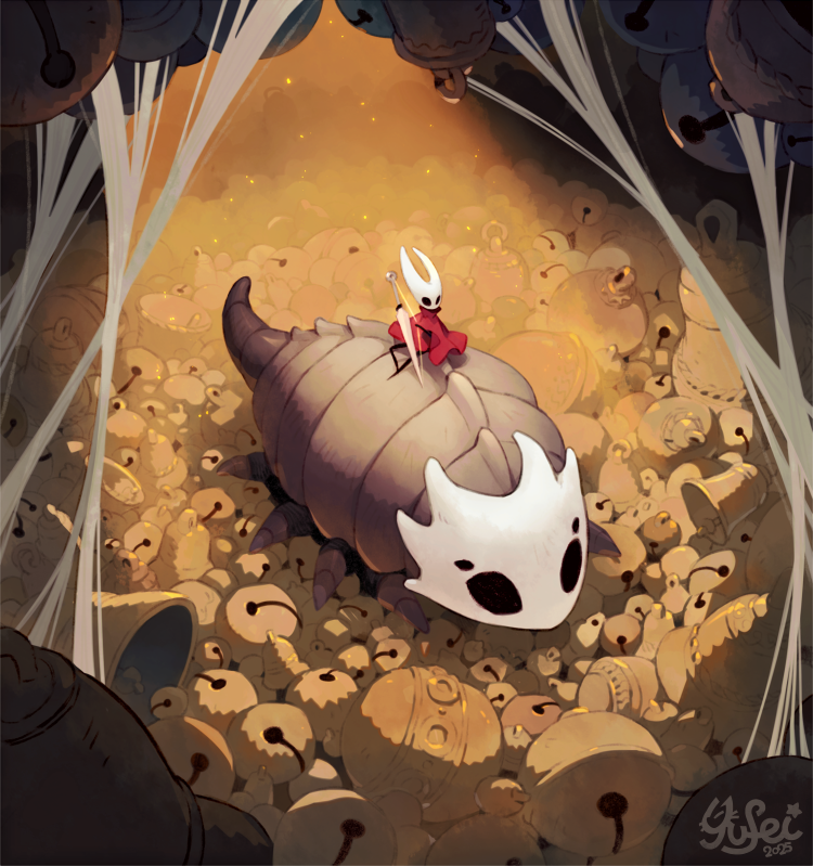 yufei, bell beast (hollow knight), hornet (hollow knight), hollow knight, hollow knight: silksong, commentary, english commentary, 1girl, 2025, arthropod girl, artist name, bell, black skin, cloak, colored skin, holding, holding weapon, hollow eyes, horned mask, mask, multiple legs, needle (hollow knight), red cloak, riding, riding animal, thread, weapon, white mask