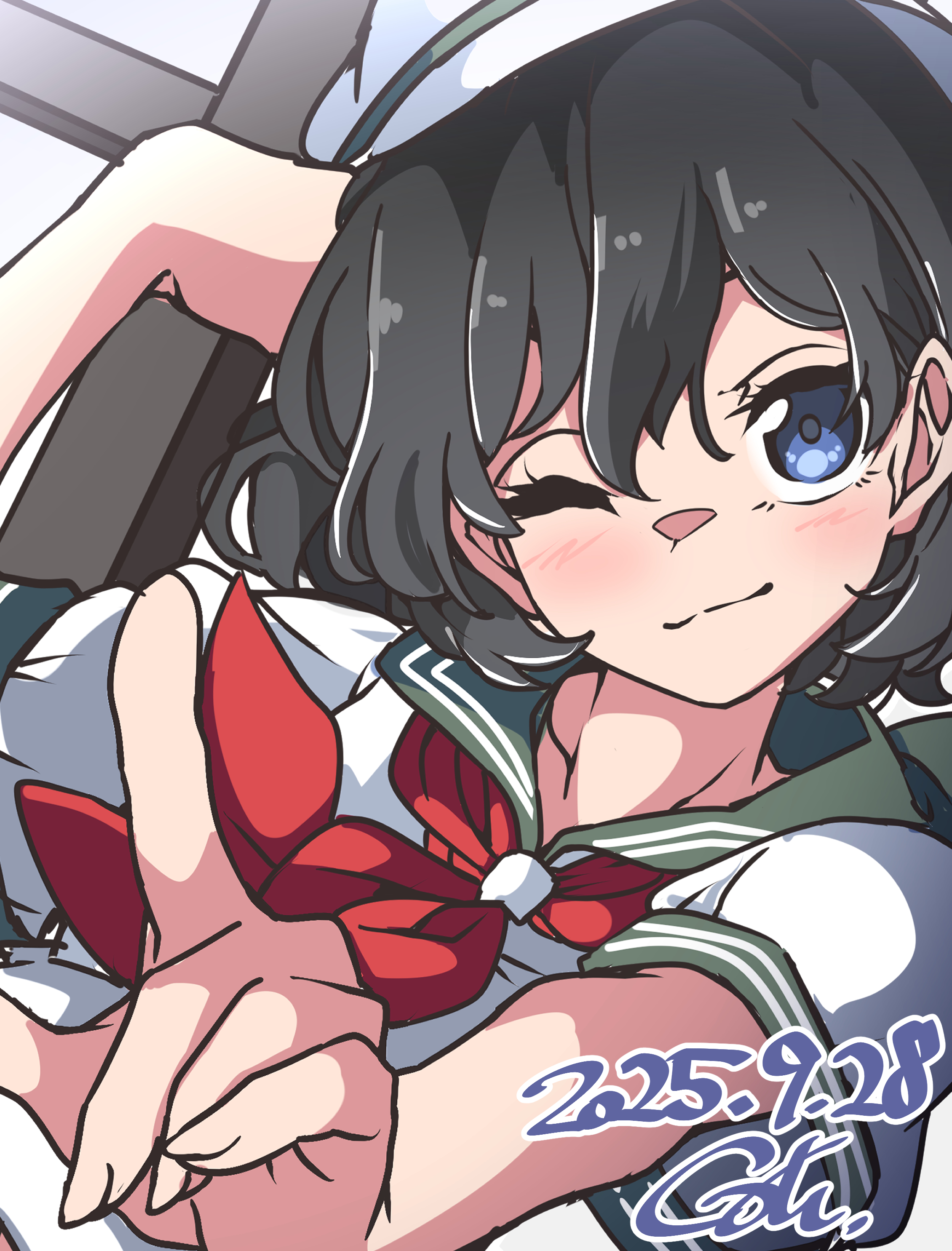gokuu (acoloredpencil), murasa minamitsu, touhou, absurdres, highres, 2025, anchor, black hair, blue eyes, collared shirt, dated, holding, holding anchor, index finger raised, neckerchief, one-hour drawing challenge, outstretched arm, red neckerchief, shirt, short sleeves, simple background, upper body, white background, white shirt