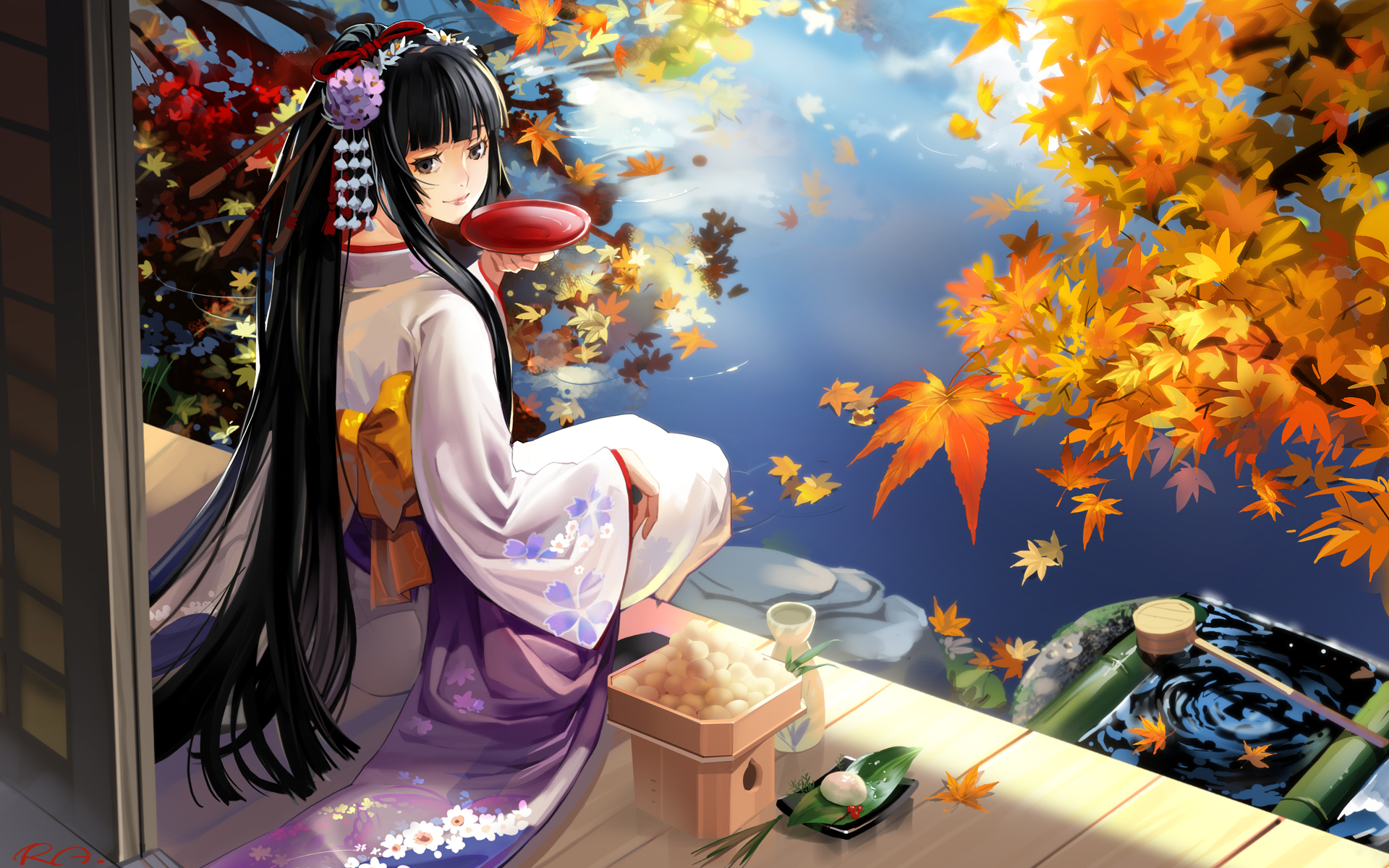 alphonse (white datura), original, highres, 1girl, alcohol, autumn leaves, black eyes, black hair, cup, female focus, japanese clothes, kimono, leaf, lips, long hair, looking back, maple leaf, nature, sakazuki, sake, sitting, smile, soaking feet, solo, tokkuri, veranda, very long hair, water