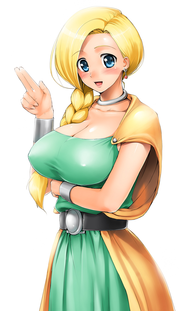 shinozuka jouji, bianca (dq5), dragon quest, dragon quest v, breast hold, 1girl, blonde hair, blue eyes, blush, braid, breast suppress, breasts, cleavage, collar, earrings, female focus, hair over shoulder, huge breasts, jewelry, side braid, solo