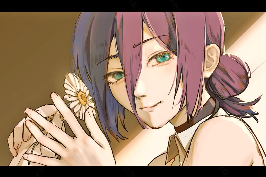 mitomori (silverowl6), reze (chainsaw man), chainsaw man, 1girl, black choker, choker, closed mouth, flower, green eyes, grey shirt, hair between eyes, hair bun, holding, holding flower, light smile, looking at viewer, purple hair, shirt, sleeveless, sleeveless shirt, solo, white flower
