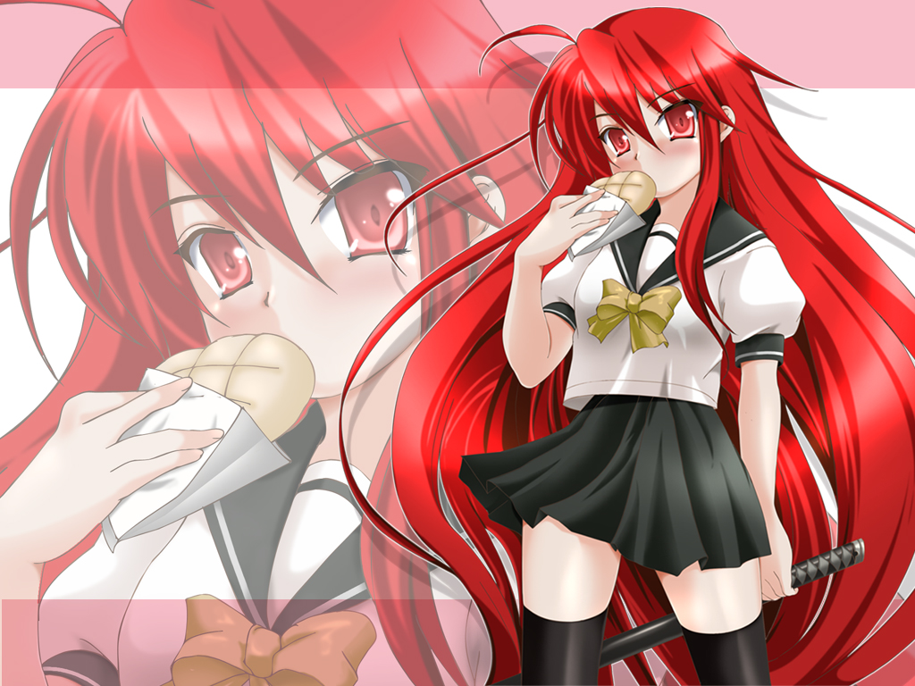 shana, shakugan no shana, non-web source, 00s, bread, food, long hair, melon bread, red eyes, red hair, school uniform, serafuku, sword, thighhighs, weapon, zoom layer