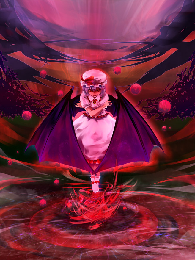 akino komichi, remilia scarlet, touhou, 1girl, bat wings, blue hair, female focus, hat, hat ribbon, red eyes, ribbon, short hair, solo, wings