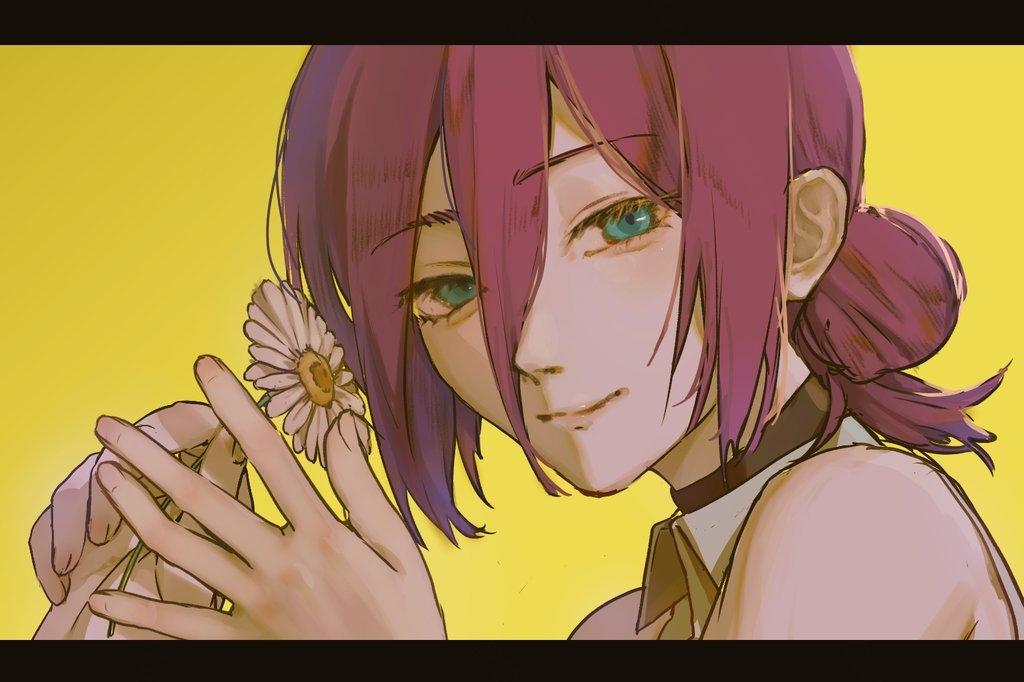mitomori (silverowl6), reze (chainsaw man), chainsaw man, 1girl, black choker, choker, closed mouth, flower, green eyes, grey shirt, hair between eyes, hair bun, holding, holding flower, light smile, looking at viewer, purple hair, shirt, simple background, sleeveless, sleeveless shirt, solo, white flower, yellow background