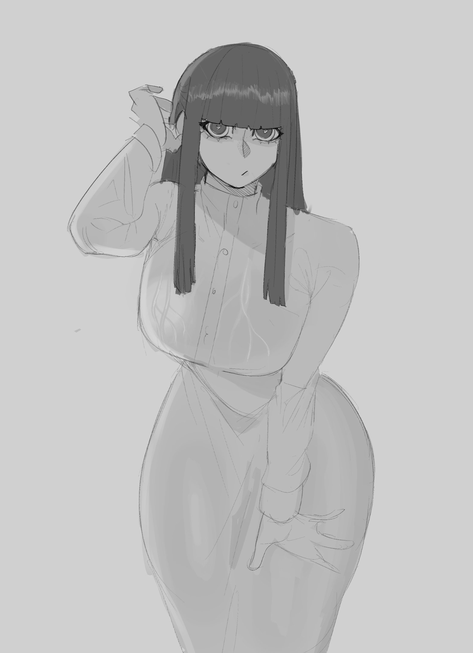 fern (sousou no frieren), sousou no frieren, highres, tagme, 1girl, breasts, cosonogi, dress, grey background, greyscale, hand on own knee, knees up, large breasts, long hair, long sleeves, looking at viewer, monochrome, simple background, sketch, solo