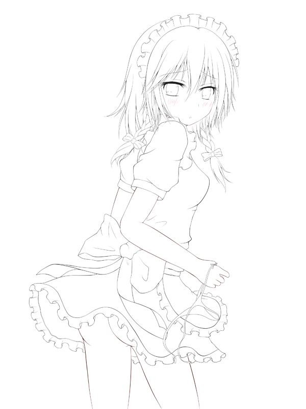 kureha (lia0117), ru (pixiv), izayoi sakuya, touhou, 1girl, ass, blush, bow, braid, closed mouth, female focus, greyscale, hair between eyes, hair ribbon, holding, holding panties, lineart, looking at viewer, maid, monochrome, no panties, panties, ribbon, short hair, solo, twin braids, underwear
