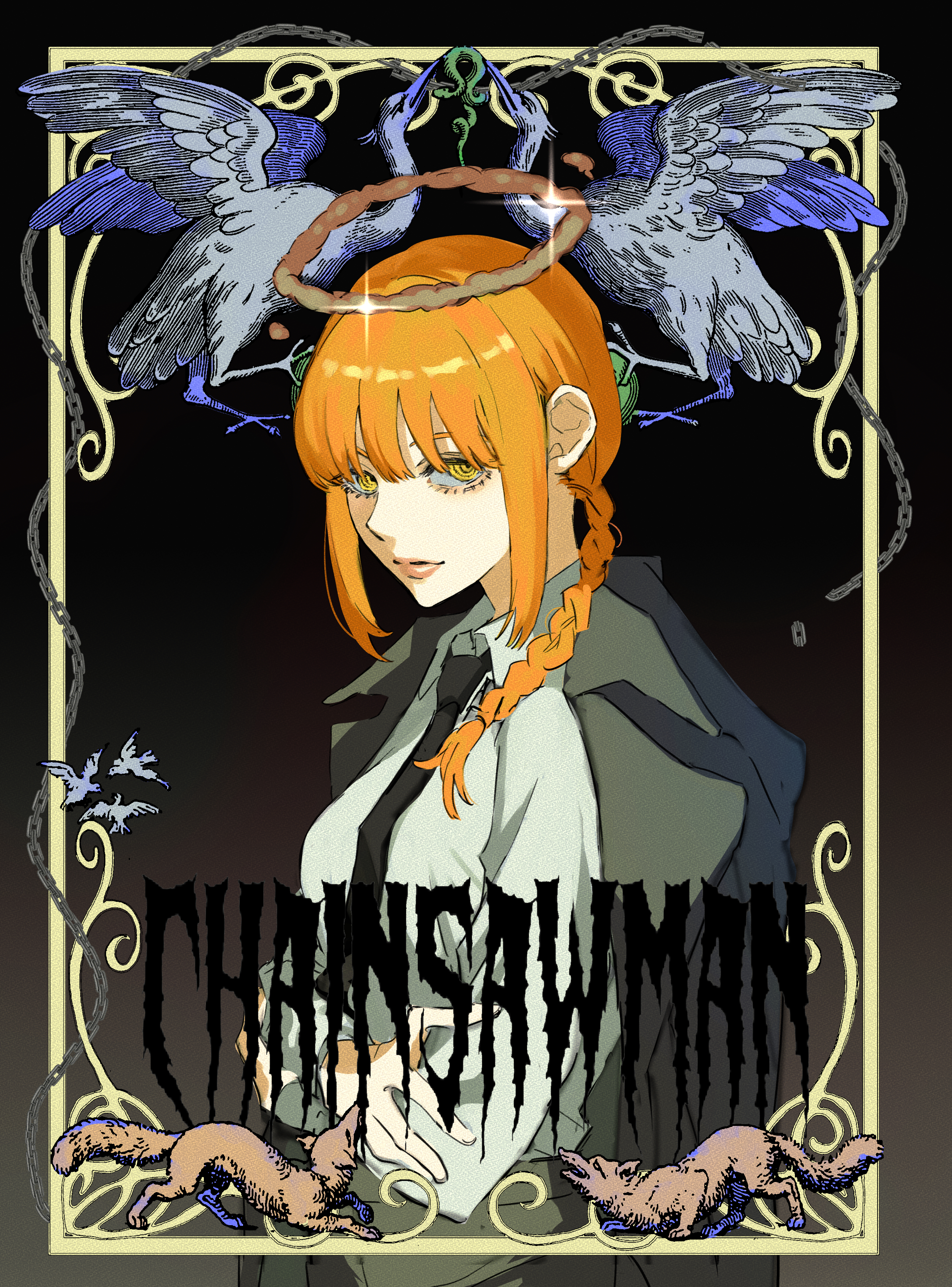 cement mori, makima (chainsaw man), chainsaw man, absurdres, highres, 1girl, bird, black coat, black necktie, braid, braided ponytail, brown halo, chain, coat, coat on shoulders, copyright name, crossed arms, fox, halo, heron, long hair, looking at viewer, necktie, red hair, ringed eyes, shirt, solo, white shirt, yellow eyes