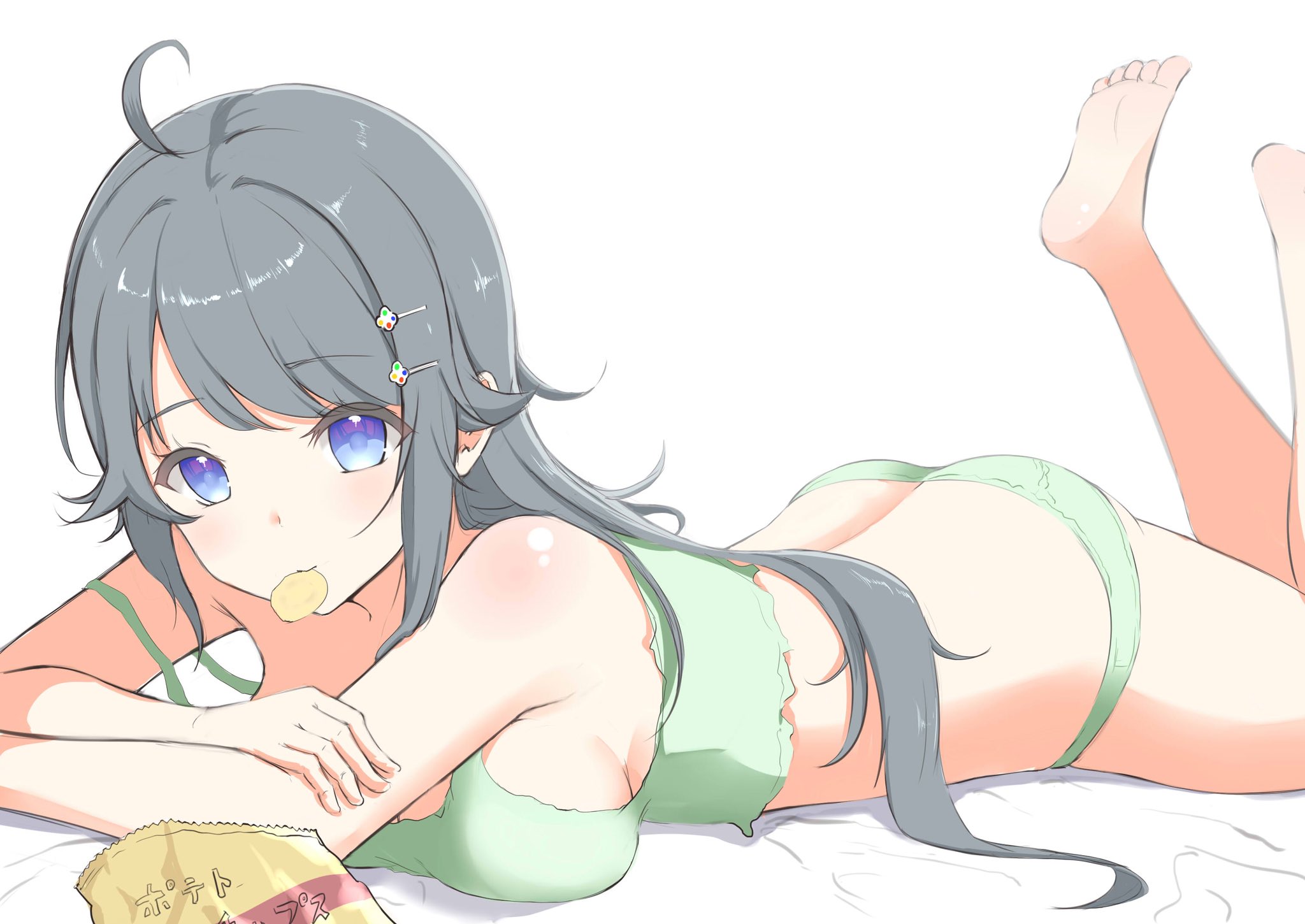 hamata (hensachisun), inohara koboshi, ongeki, highres, 1girl, ahoge, ass, bare shoulders, barefoot, blue eyes, breasts, food, green panties, grey hair, hair ornament, legs up, long hair, looking at viewer, lying, mouth hold, on stomach, panties, solo, striped clothes, striped panties, the pose, underwear, underwear only