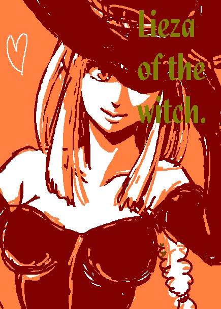 ike ko, lieza (arc the lad), arc the lad, arc the lad ii, 1girl, bare shoulders, braid, character name, elbow gloves, female focus, gloves, halloween, hat, heart, long hair, monochrome, orange theme, skin tight, smile, solo, witch hat