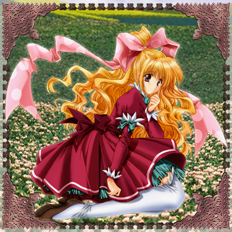 non-web source, blonde hair, blue eyes, dress, flower, frills, hair ribbon, kneeling, long hair, ponytail, ribbon, solo, thighhighs