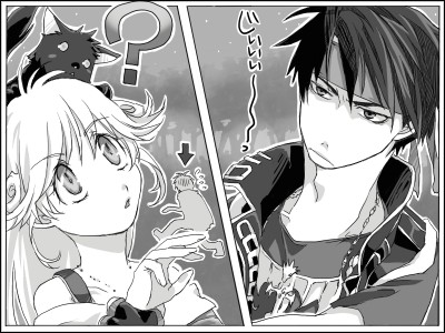 kittaka kaname, cleo everlastin, leki, orphen, majutsushi orphen, lowres, 1boy, 1girl, ?, greyscale, headband, long hair, monochrome