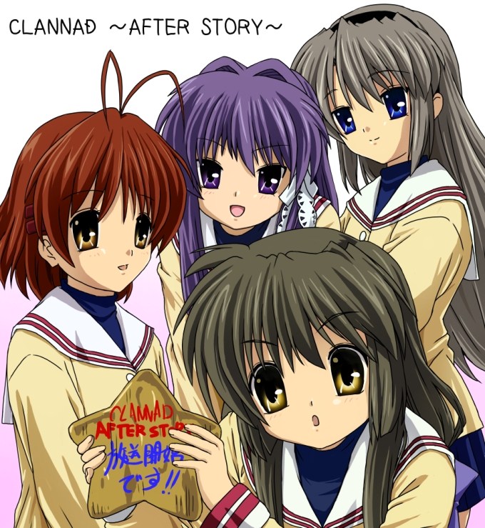 reco (fortunequest), fujibayashi kyou, furukawa nagisa, ibuki fuuko, sakagami tomoyo, clannad, 00s, 4girls, :o, antenna hair, blush, hair intakes, long hair, looking at viewer, multiple girls, parted lips, purple eyes, purple hair, school uniform, serafuku, short hair, sidelocks, simple background, starfish, very long hair, white background