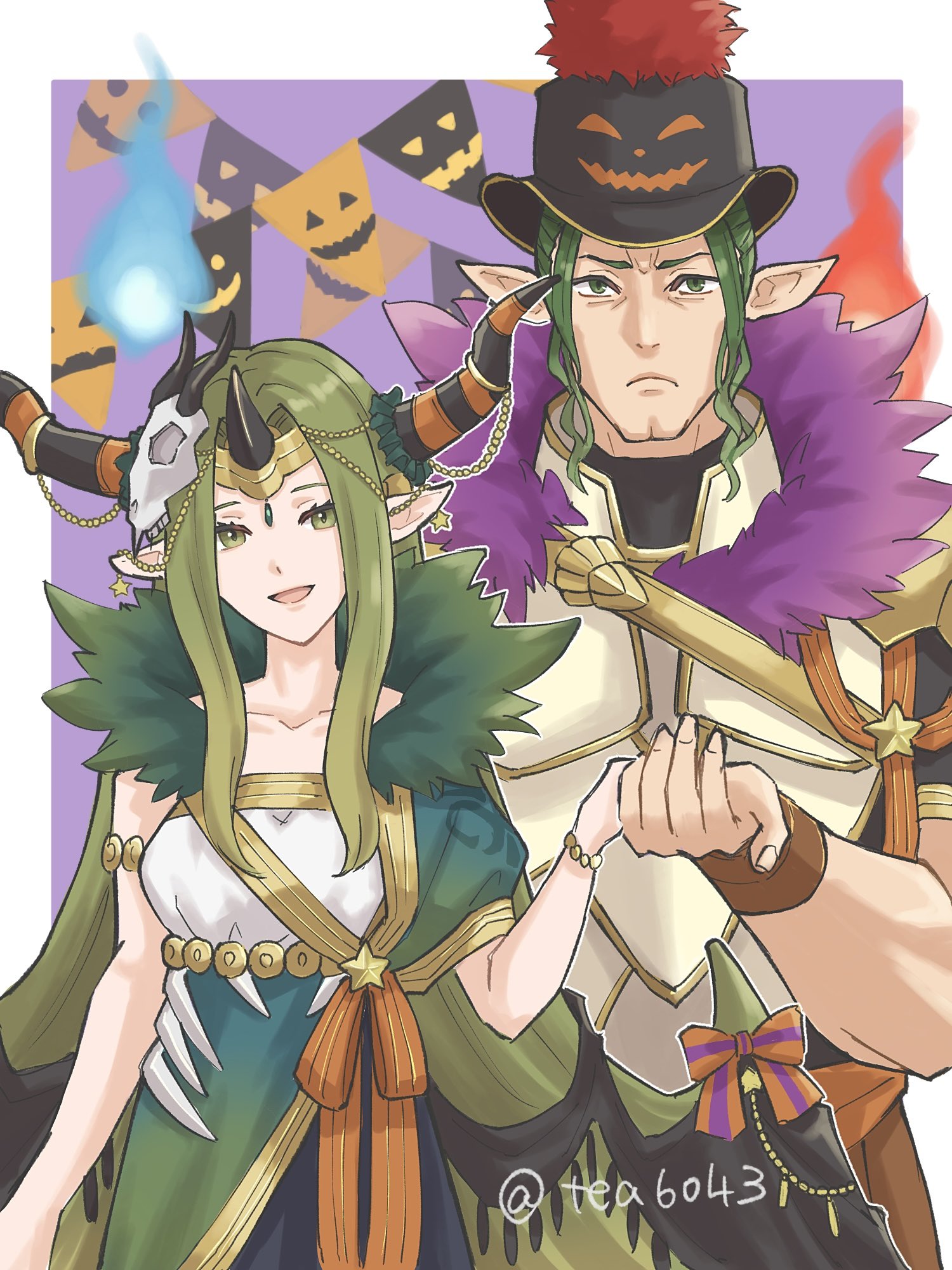 tea6043, duma (fire emblem), duma (halloween) (fire emblem), mila (fire emblem), mila (halloween) (fire emblem), fire emblem, fire emblem echoes: shadows of valentia, fire emblem heroes, nintendo, highres, 1boy, 1girl, brother and sister, dragon boy, dragon tail, green hair, halloween, halloween costume, long hair, looking at viewer, official alternate costume, siblings, tail