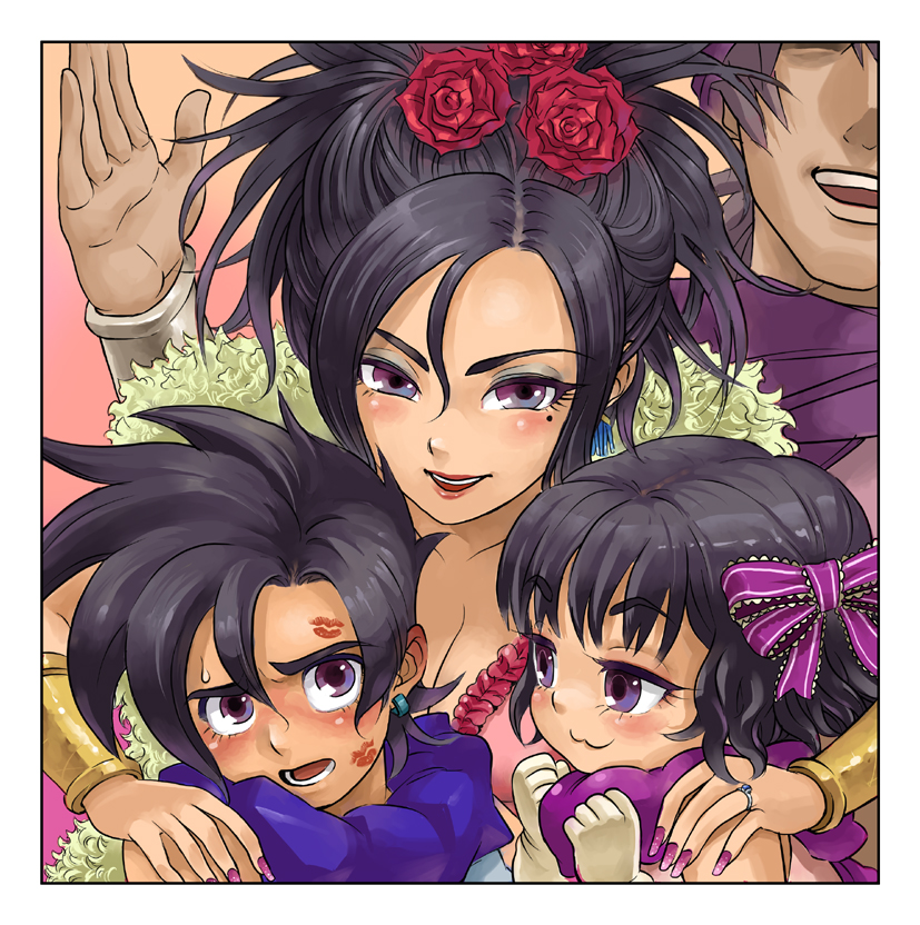 mimonel, deborah (dq5), hero's daughter (dq5), hero's son (dq5), hero (dq5), dragon quest, dragon quest v, square enix, 2boys, 2girls, :3, black hair, blush, bow, breasts, brother and sister, cleavage, eyeshadow, family, father and daughter, father and son, flower, hair bow, husband and wife, jewelry, large breasts, lipstick, lipstick mark, makeup, mature female, mole, mole under eye, mother and daughter, mother and son, multiple boys, multiple girls, nail art, nail polish, purple eyes, purple nails, ring, rose, short hair, siblings, twins, wedding band