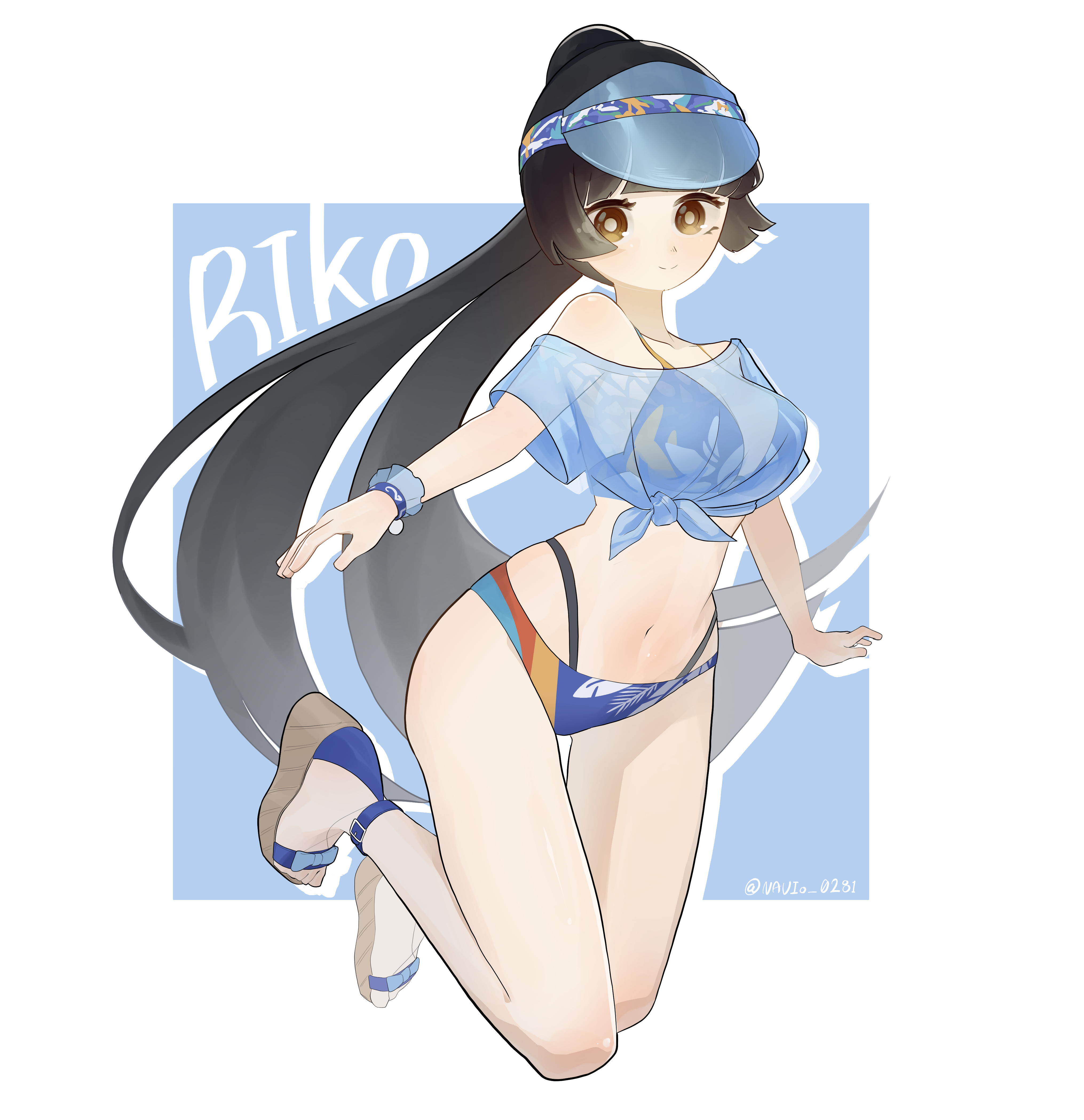 navio, tanemura riko, persona, persona 5, persona 5: the phantom x, 1girl, bikini, black hair, blue bikini, brown eyes, long hair, multicolored bikini, ponytail, sandals, swimsuit, swimsuit under clothes, thong bikini, visor cap