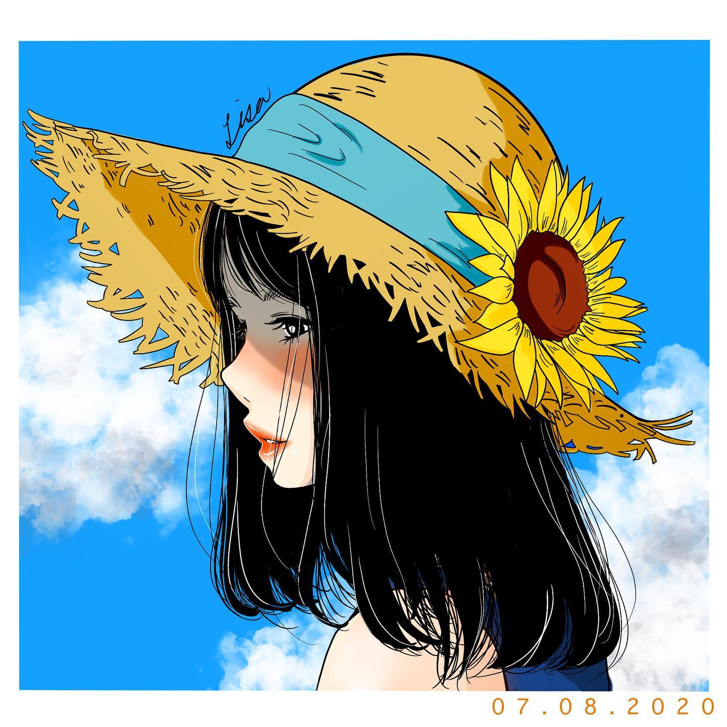 lisa (illustsan430), original, commentary request, highres, 1girl, artist name, bare shoulders, black eyes, black hair, blue ribbon, blue shirt, blue sky, blush, border, bright pupils, brown hat, cloud, dated, flower, from side, hat, hat flower, hat ribbon, lipstick, looking ahead, makeup, medium hair, outdoors, parted lips, portrait, profile, red lips, ribbon, shade, shirt, signature, sky, sleeveless, sleeveless shirt, solo, straw hat, sun hat, sunflower, sunlight, white border, white pupils, yellow flower
