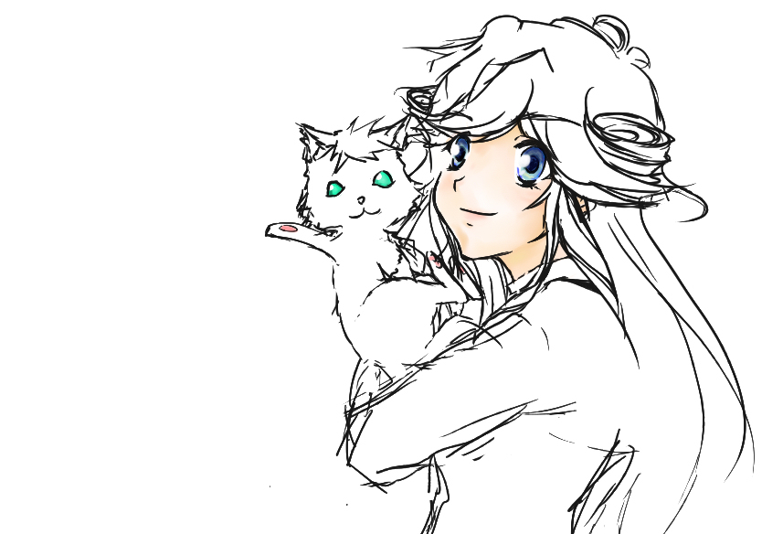 mendou kusai, cleo everlastin, leki, majutsushi orphen, 1girl, :3, animal, blue eyes, cat, green eyes, holding, holding animal, long hair, looking back, simple background, smile, upper body, white background