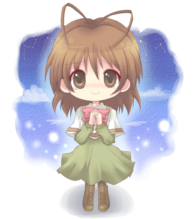 imo mushi, furukawa nagisa, clannad, 00s, ahoge, antenna hair, brown eyes, brown hair, chibi, solo, tears