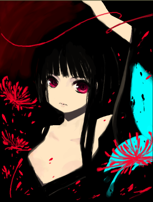 onija tarou, enma ai, jigoku shoujo, 00s, black hair, blunt bangs, hime cut, japanese clothes, kimono, long hair, red eyes, solo