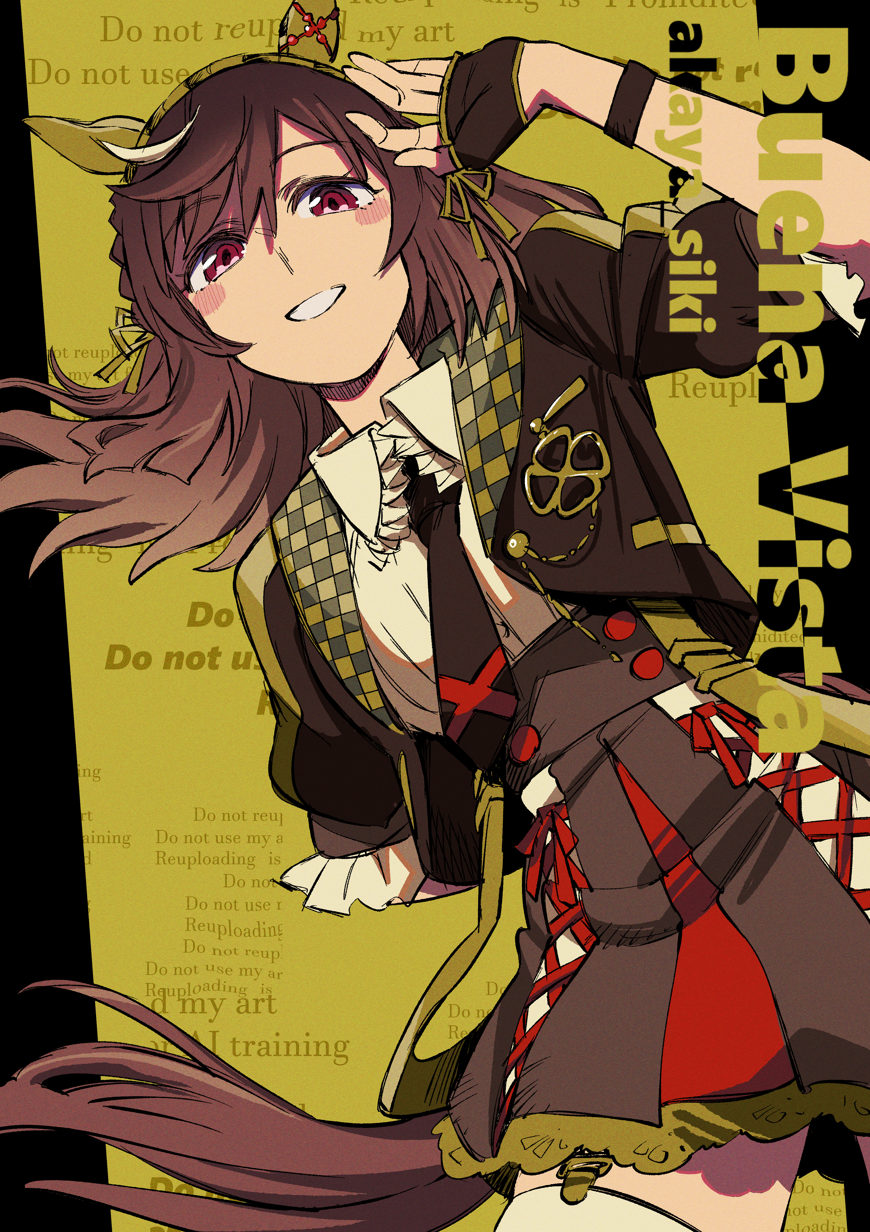 akaya shiki, buena vista (umamusume), umamusume, absurdres, commentary request, highres, 1girl, animal ears, artist name, asymmetrical gloves, blush, braid, breasts, brown gloves, brown hair, cowboy shot, dutch angle, fingerless gloves, garter straps, gloves, hair between eyes, hair ornament, horse ears, horse girl, horse tail, looking at viewer, medium breasts, medium hair, mismatched gloves, necktie, open mouth, purple eyes, school uniform, simple background, single garter strap, solo, tail, teeth, thigh strap, watermark, white gloves