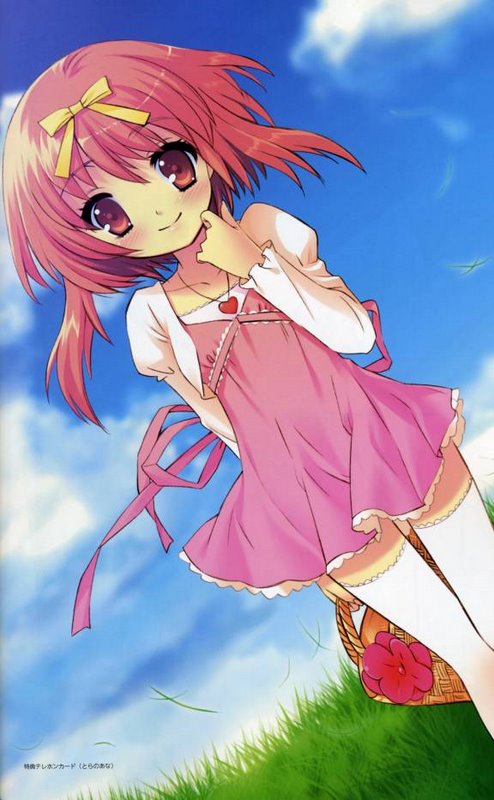 ito noizi, akihime sumomo, nanatsuiro drops, 00s, 1girl, cloud, day, dress, female focus, grass, heart, pink dress, pink skirt, red eyes, red hair, ribbon, skirt, sky, smile, solo