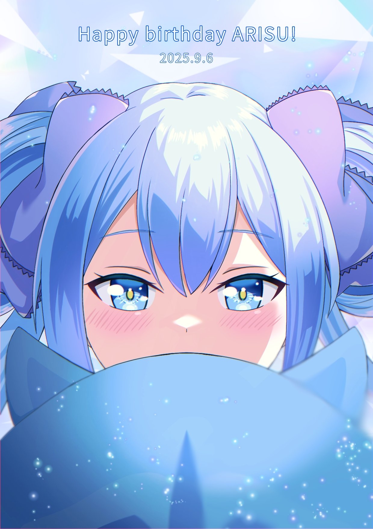 suzushima arisu, ongeki, highres, 1girl, blue eyes, blue hair, blush, bow, covered mouth, english text, hair between eyes, hair bow, heart, heart-shaped pupils, looking at viewer, pillow, portrait, solo, symbol-shaped pupils, takase (mxgr8742), twintails