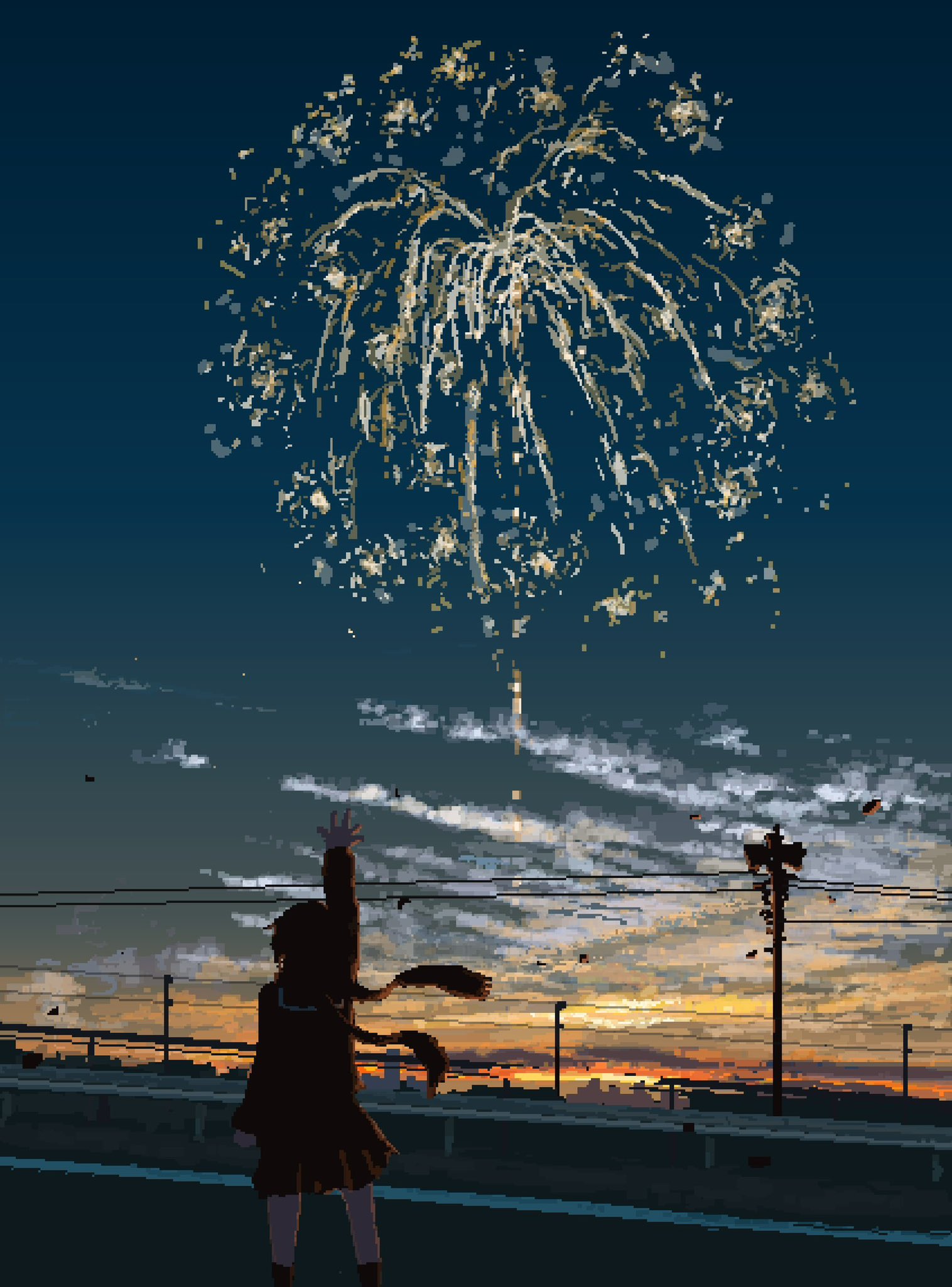 hisachan55cute, original, highres, 1girl, arm up, black serafuku, cloud, cloudy sky, fireworks, from behind, pixel art, power lines, road, scarf, scenery, school uniform, serafuku, sky, solo, street, sunset, utility pole