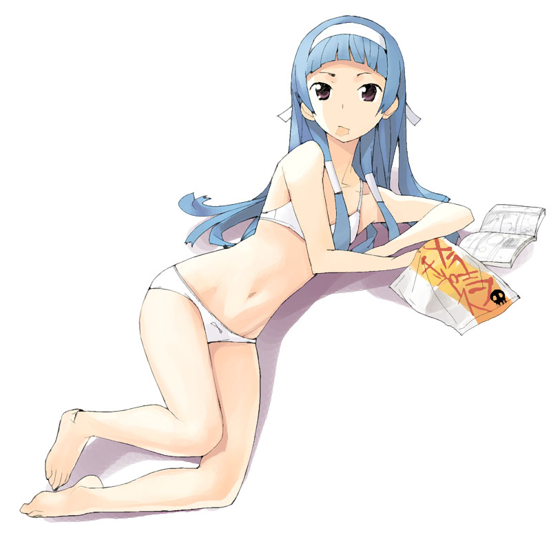 a1 (initial-g), nagi, kannagi, 00s, 1girl, barefoot, blue hair, blunt bangs, book, bra, chips (food), female focus, flat chest, food, full body, hairband, lingerie, long hair, lying, navel, panties, potato chips, purple eyes, solo, toes, underwear, underwear only, white panties