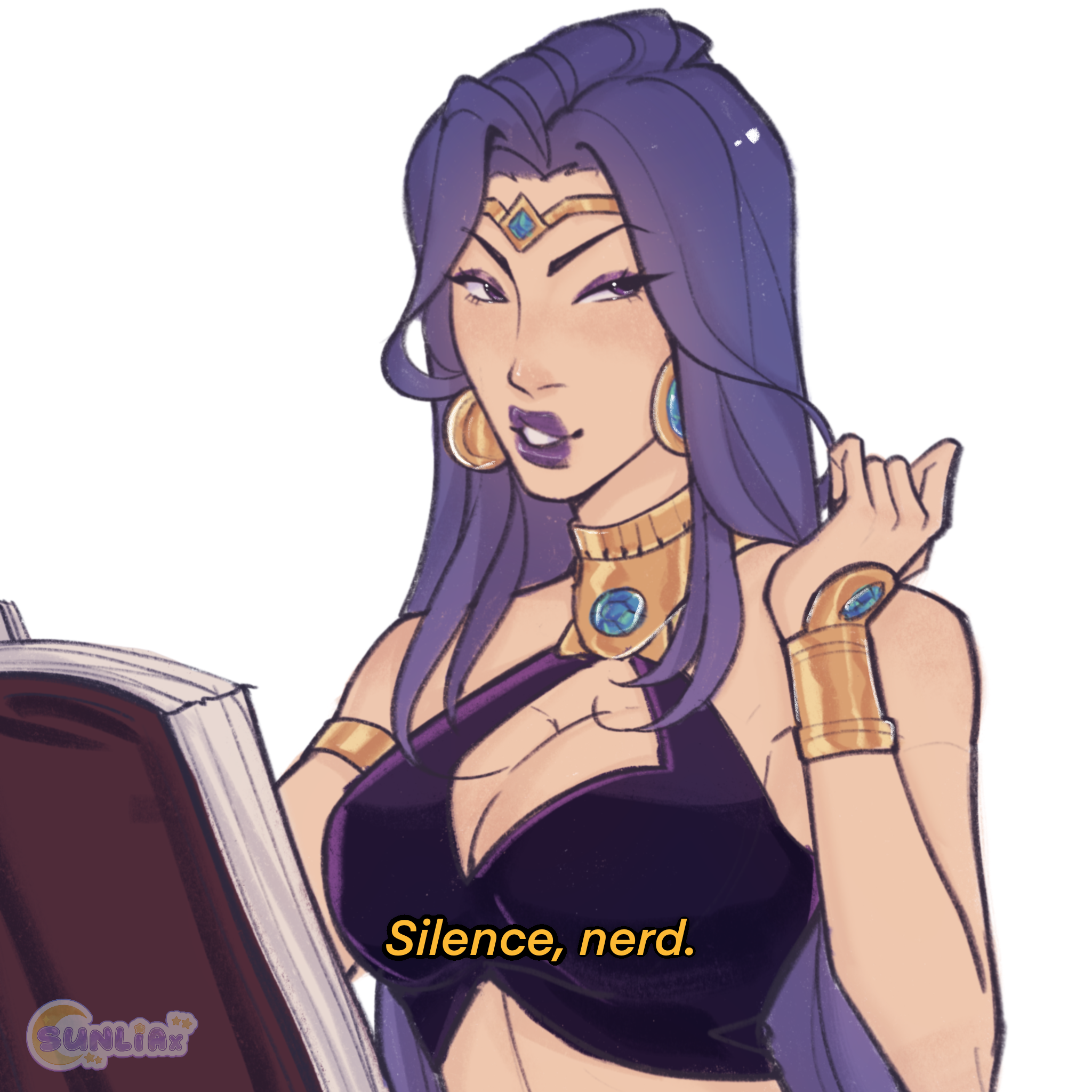 juniper (fields of mistria), fields of mistria, gold armlet, highres, 1girl, armlet, breasts, cleavage cutout, clothing cutout, earrings, english text, eyeshadow, gold earrings, gold wrist cuffs, jewelry, looking to the side, makeup, purple eyes, purple eyeshadow, purple hair, purple lips, solo, sunliax, white background
