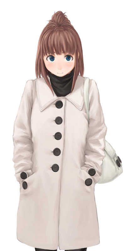 tamaru tokihiko, original, bad id, bad pixiv id, bag, blue eyes, blush, brown hair, coat, pantyhose, smile, solo