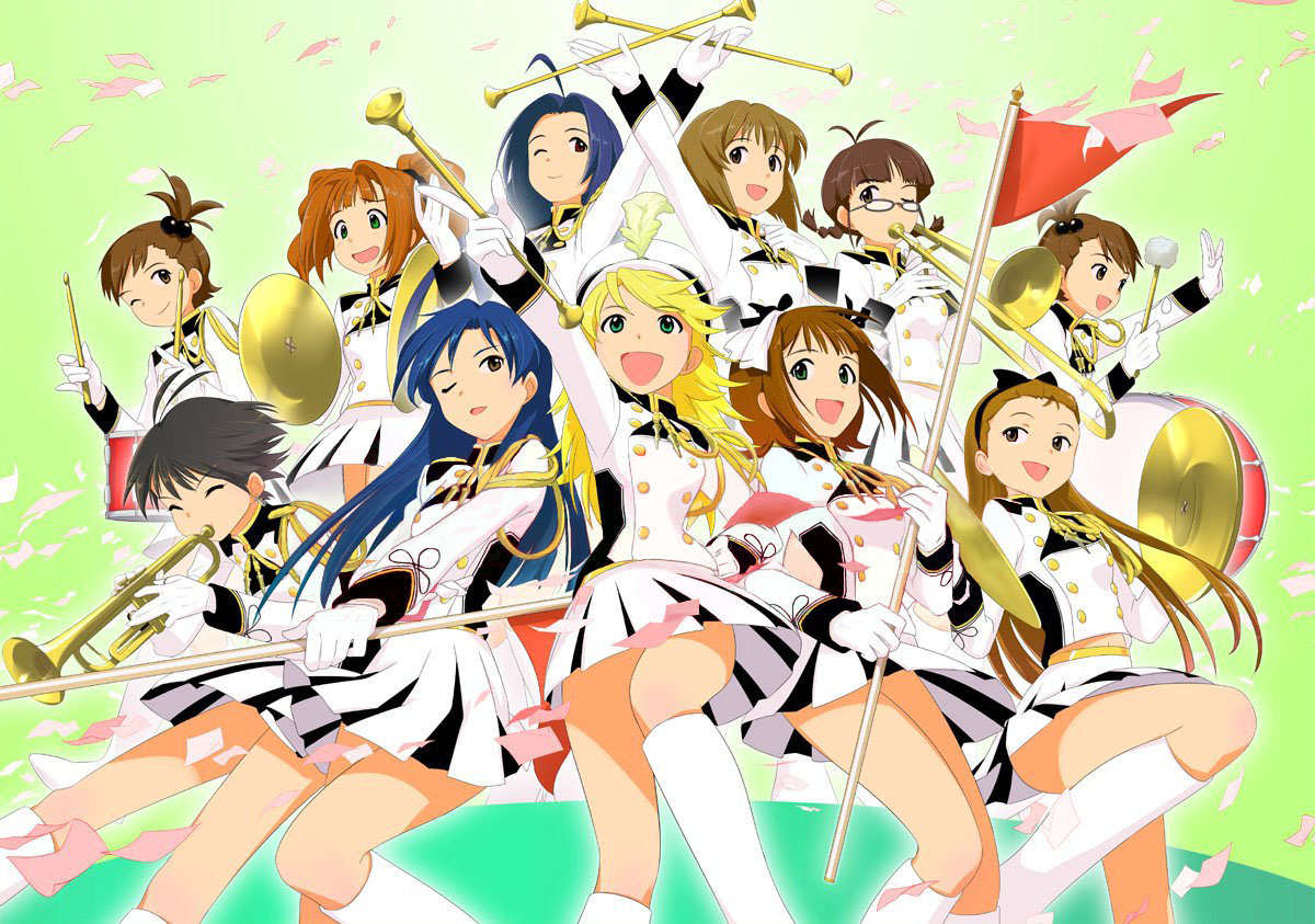 annindoufu (oicon), akizuki ritsuko, amami haruka, futami ami, futami mami, hagiwara yukiho, hoshii miki, kikuchi makoto, kisaragi chihaya, minase iori, miura azusa, takatsuki yayoi, idolmaster, idolmaster (classic), baton, jpeg artifacts, non-web source, 00s, 6+girls, band (music), band uniform, boots, confetti, cymbals, drum, everyone, flag, hair bobbles, hair ornament, hat, instrument, majorette, marching band baton, multiple girls, shako cap, siblings, sisters, skirt, thighs, trumpet, twins, twintails
