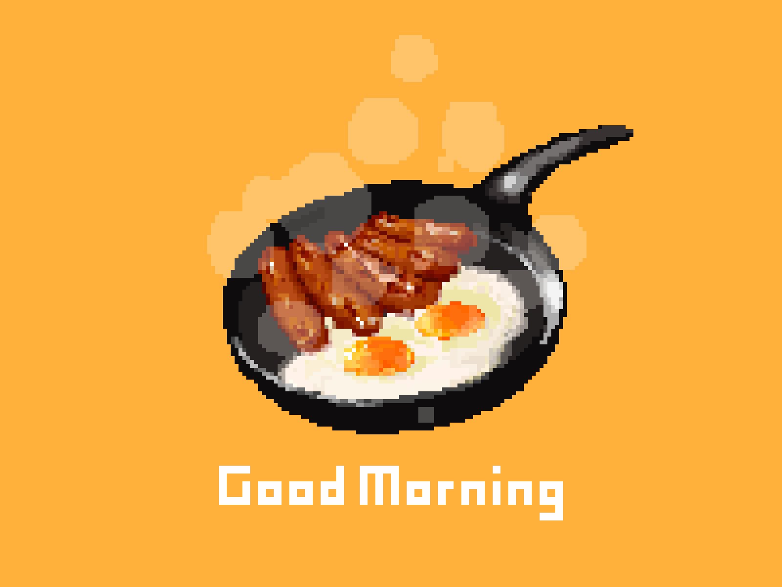 hisachan55cute, original, highres, english text, food, food focus, fried egg, frying pan, good morning, no humans, pixel art, sausage, simple background, steaming food, yellow background