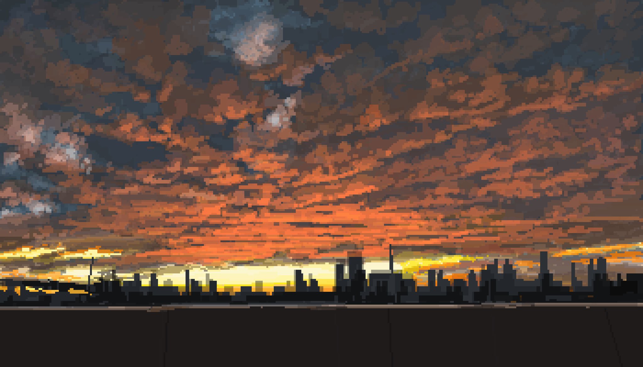 hisachan55cute, original, highres, cityscape, cloud, cloudy sky, glowing, no humans, pixel art, scenery, silhouette, sky, sky focus, skyline, sunset