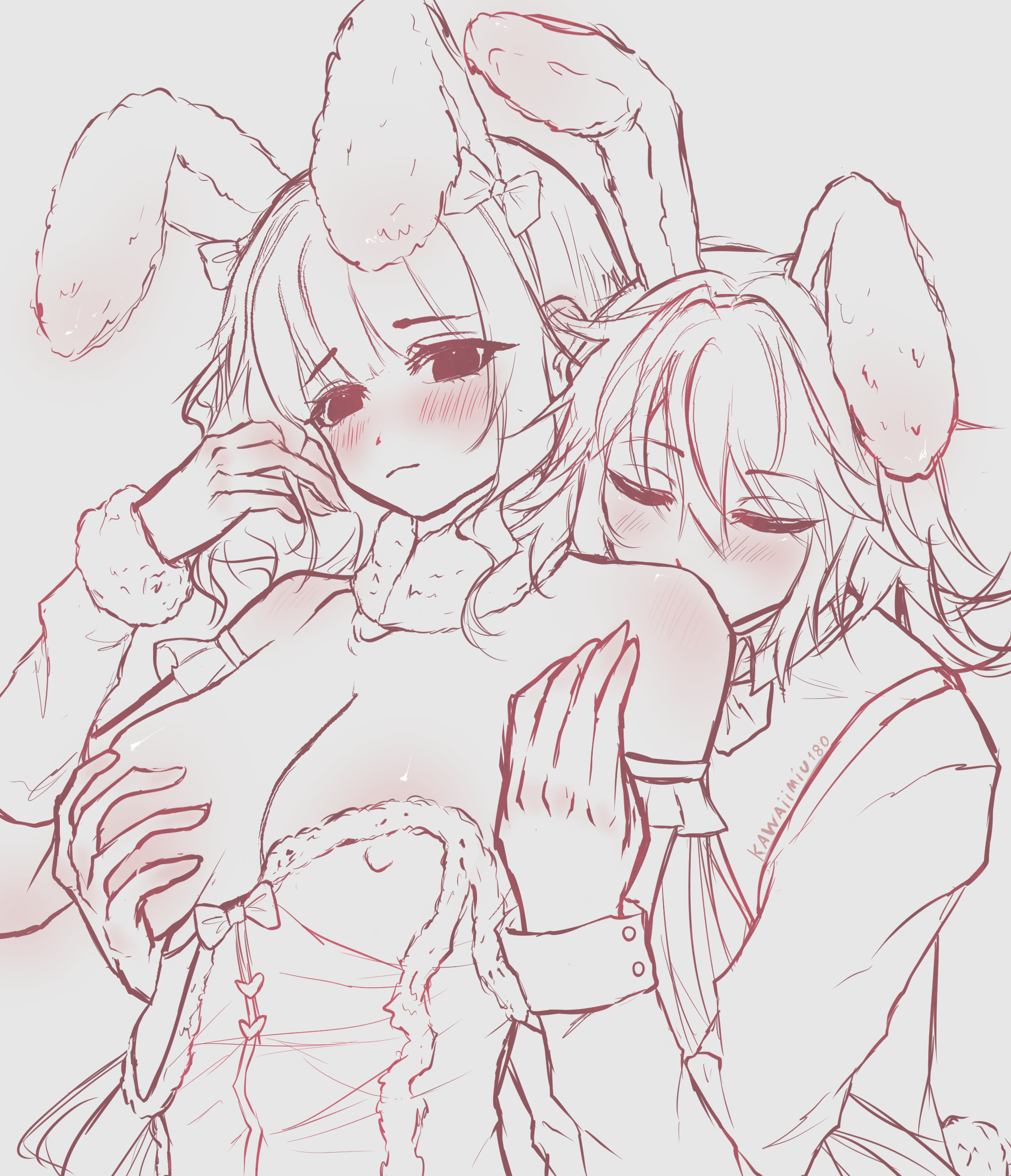 love relation, highres, non-web source, self-upload, 1boy, 1girl, animal ears, blush, bow, breasts, elbow gloves, fluffy, gloves, grabbing another's breast, groping, hug, hug from behind, huge breasts, kiss, large breasts, mature female, mature male, nude, playboy bunny, sketch