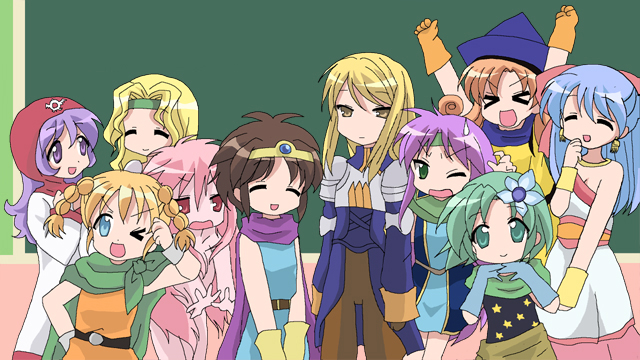 afuro, agrias oaks, alena (dq4), bianca (dq5), celes chere, faris scherwiz, flora (dq5), hiiragi kagami, hiiragi tsukasa, iwasaki minami, izumi konata, kobayakawa yutaka, kusakabe misao, minegishi ayano, patricia martin, princess of moonbrook, roto (dq3), rydia (ff4), rydia (young) (ff4), takara miyuki, tamura hiyori, tina branford, trance terra branford, chunsoft, dragon quest, dragon quest ii, dragon quest iii, dragon quest iv, dragon quest v, enix, final fantasy, final fantasy iv, final fantasy tactics, final fantasy v, final fantasy vi, lucky star, motteke! serafuku, square enix, 1980s (style), > <, 6+girls, aged down, armor, blonde hair, blue eyes, blue hair, bow, brown hair, cape, child, circlet, cloak, closed eyes, cosplay, crossover, curly hair, dress, everyone, flower, gloves, green eyes, green hair, hair bow, half updo, hat, headband, hood, long hair, multiple crossover, multiple girls, oldschool, one eye closed, open mouth, orange hair, pants, parody, pink hair, purple eyes, purple hair, red eyes, retro artstyle, short hair, smile, sweatdrop, tunic, twintails, wink, wristband, yellow eyes
