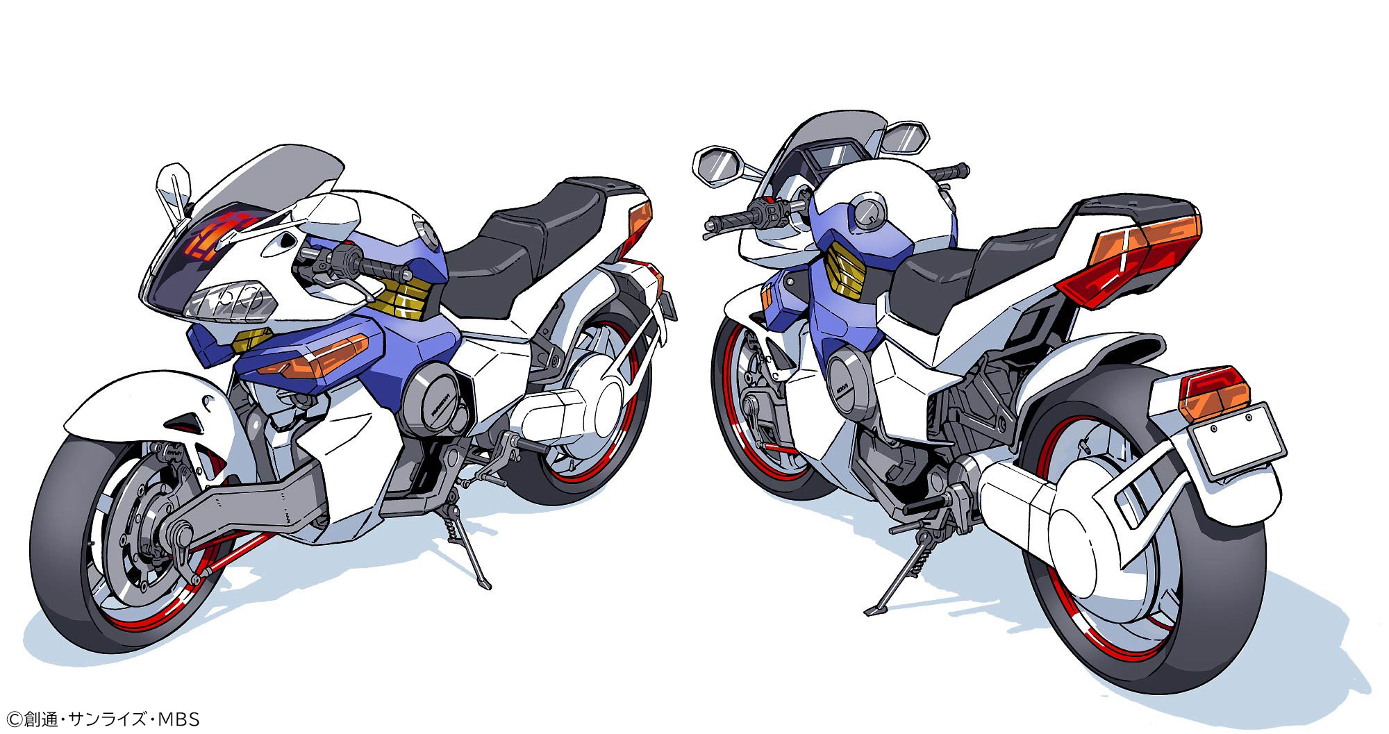 hata hiro, gundam aerial, gundam, gundam suisei no majo, gundam suisei no majo: seishun frontier, commentary request, highres, official art, kickstand, motor vehicle, motorcycle, no humans, shadow, simple background, vehicalization, vehicle focus, white background