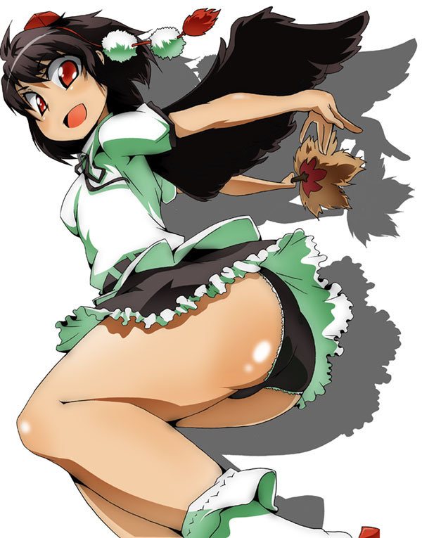 toudori, shameimaru aya, touhou, 1girl, ass, black panties, black wings, brown hair, female focus, hand fan, hat, looking at viewer, open mouth, panties, pantyshot, red eyes, short hair, skirt, smile, socks, solo, underwear, upskirt, wings