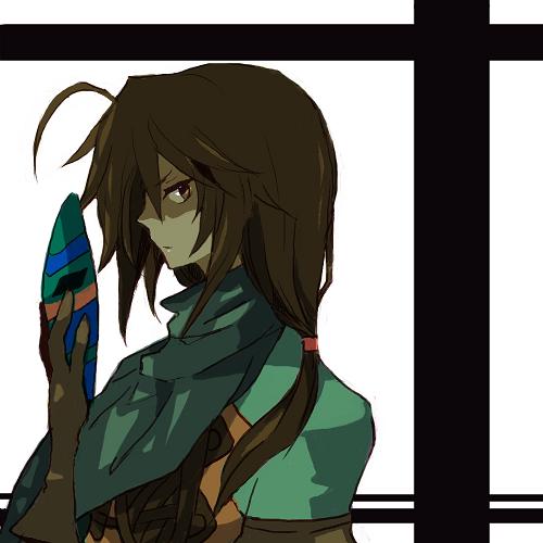 camelot, pomi, felix (golden sun), golden sun, bad id, bad pixiv id, lowres, 1boy, ahoge, brown eyes, brown hair, cloak, long hair, male focus, mask, ponytail, solo