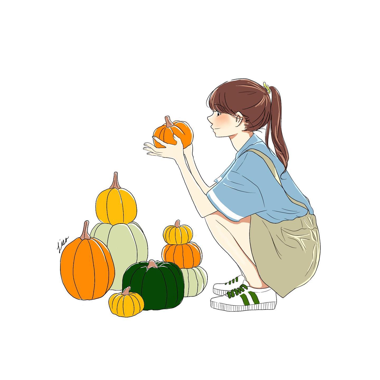 lisa (illustsan430), original, commentary request, highres, 1girl, artist name, blue shirt, brown hair, brown skirt, closed mouth, elbows on knees, from side, full body, hair tie, high ponytail, holding, holding pumpkin, long hair, looking at object, ponytail, profile, pumpkin, shirt, shoes, short sleeves, signature, simple background, skirt, smile, sneakers, solo, squatting, suspender skirt, suspenders, white background, white shoes, wide sleeves